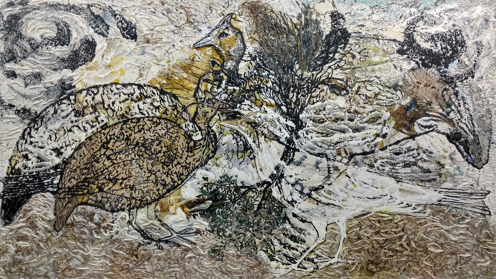 Jayashree Chakravarty; Oil, acrylic jute, leaf cotton paper on canvas, 2018| Akar Prakar| STIR