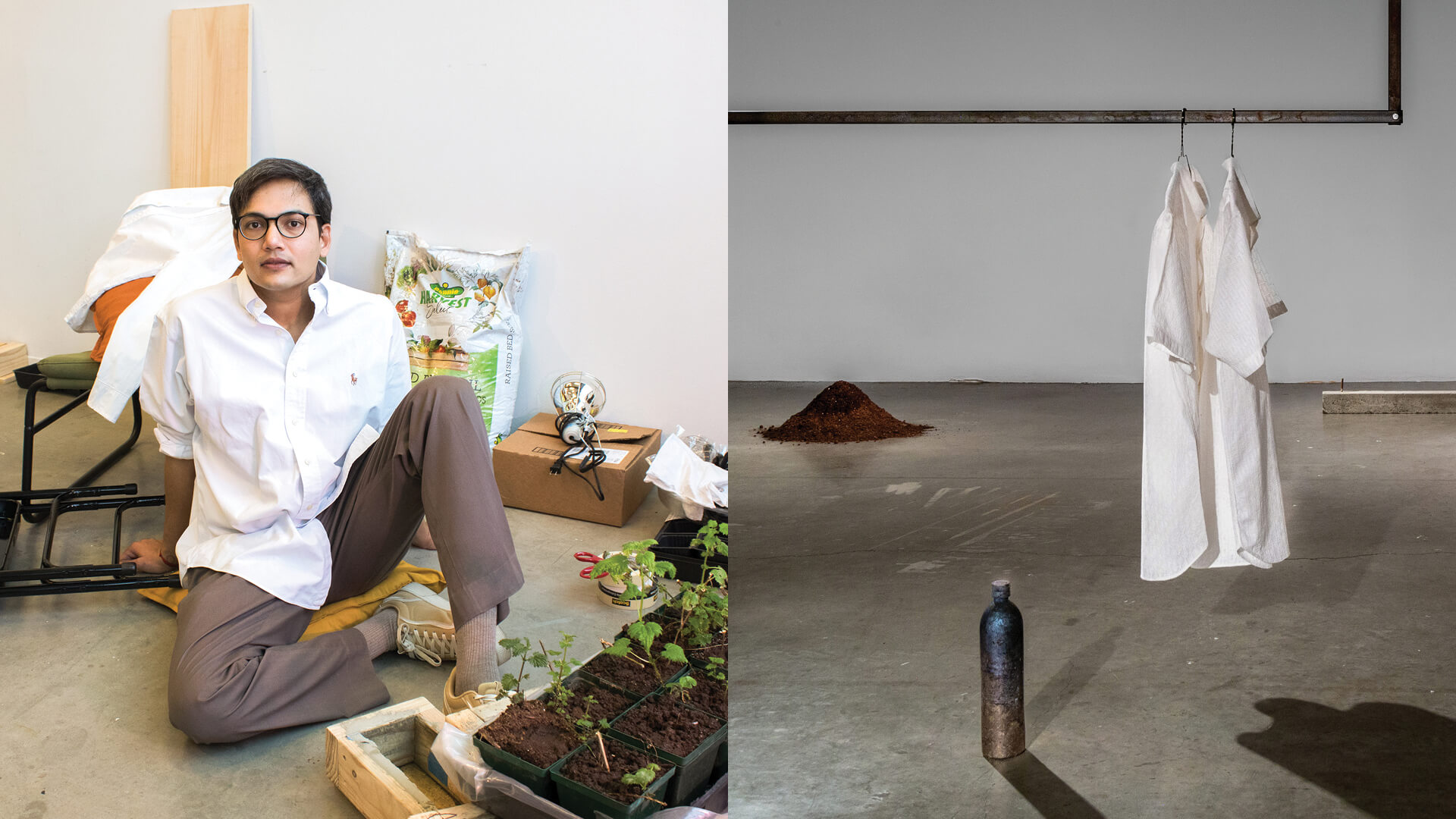 (L) Portrait of Omer Wasim; (R) Lives After Lives \ An Archaeology of Simultaneous Unfurlings, 2023, Detail view from first-year MFA critiques in the sculpture programme at Yale School of Art