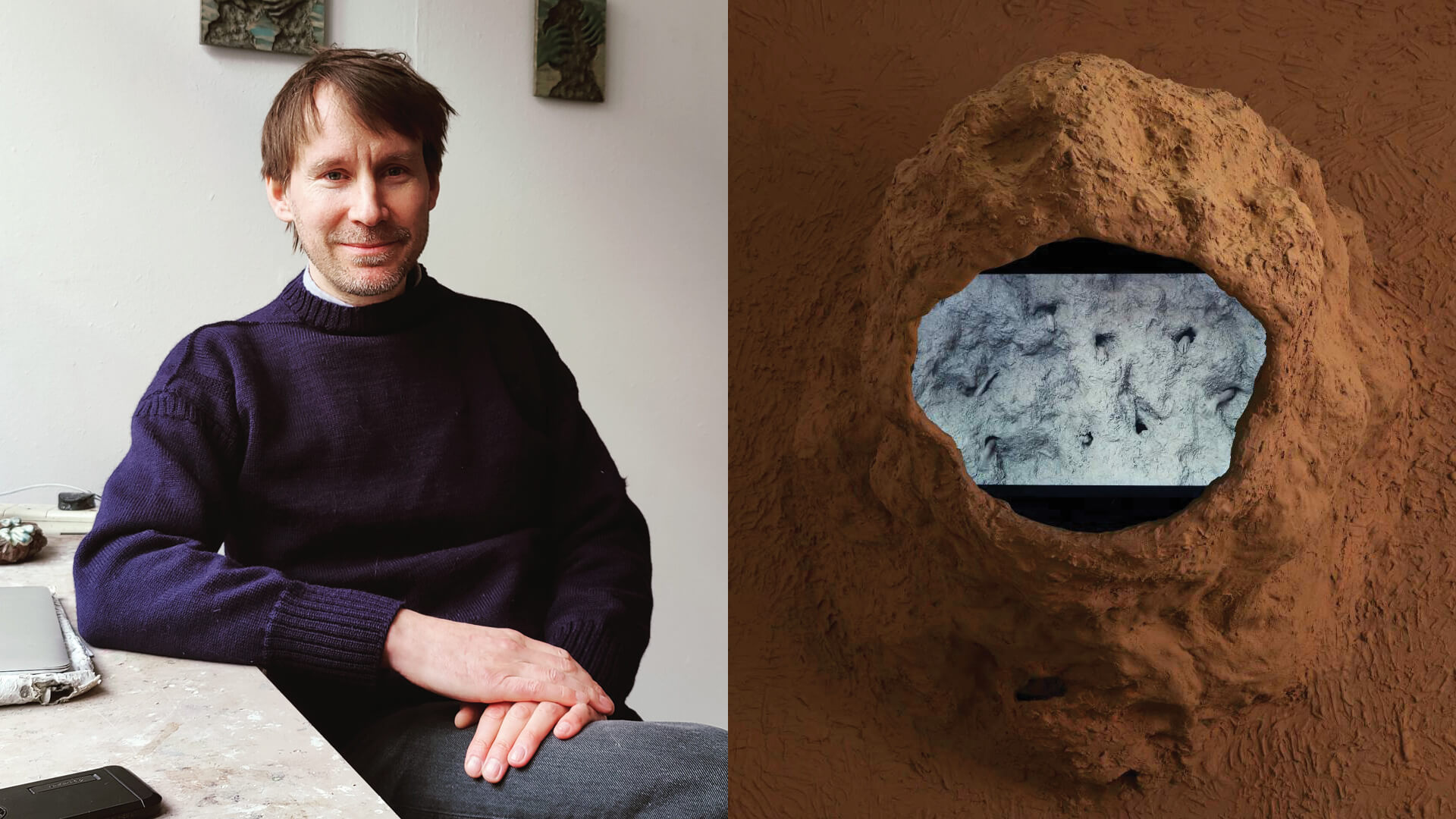 (L)Portrait of William Cobbing; (R) Terra Cave, 2023, Plaster and skrim shell, paint and clay surface, TV and media player, William Cobbing | Messums West Ceramic Season 2024 | STIRworld