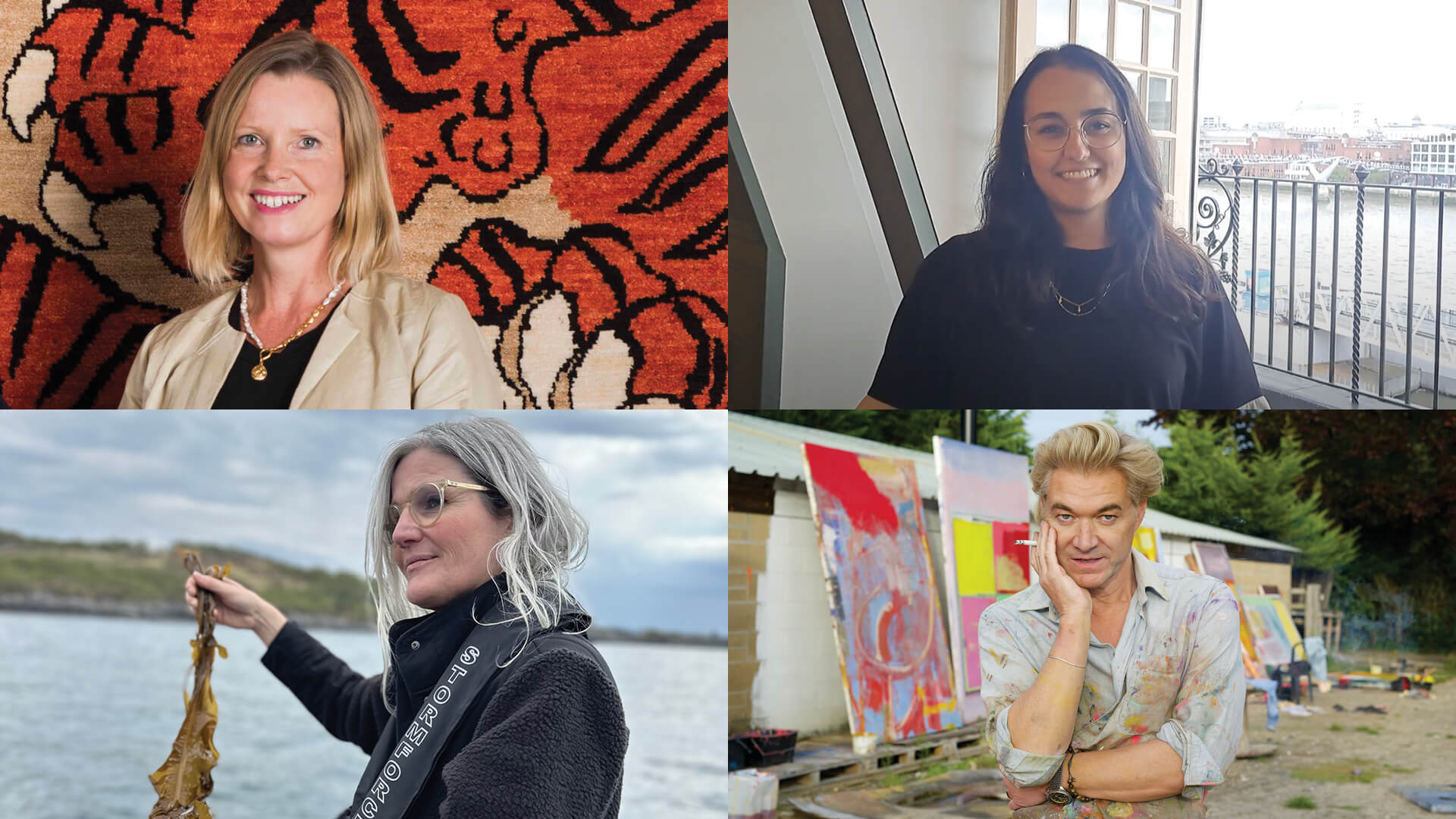 From left to right: Emma Talbot with seaweed; Portrait of Mollie Gupta; Laura Culpan with Ai Weiwei’s rug Tyger, Tomorrow’s Tigers and WWF-UK, 2022; Portrait of Harland Miller, 2022 | Art For Your Oce
