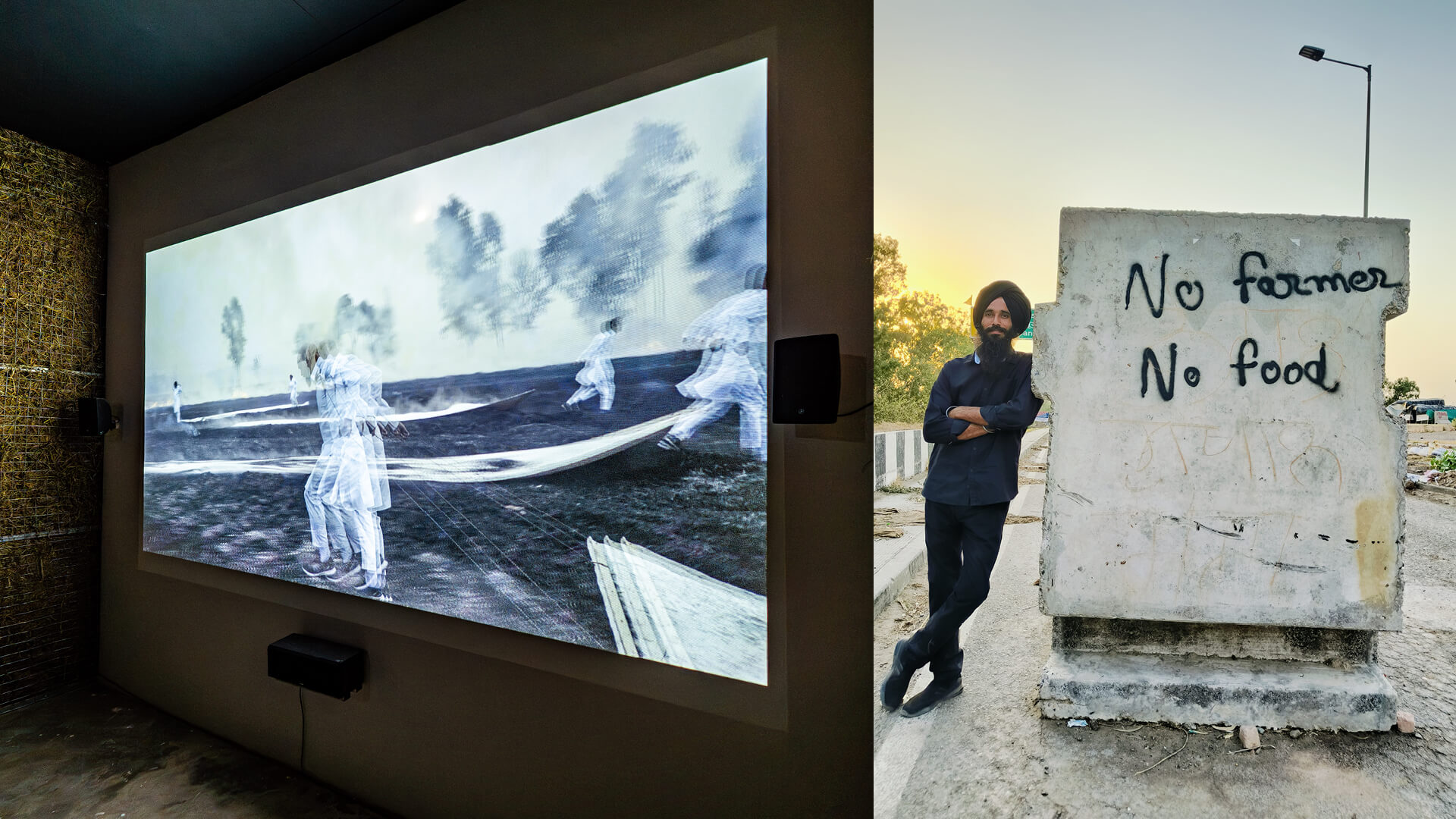 Installation view of &lsquo;Indelible Black Marks&rsquo;, 2022 &ndash; 24, Kulpreet Singh, Kochi-Muziris Biennale; Kulpreet Singh at Shambhu Border, during India&rsquo;s Farmers&rsquo; Protest | Indelible Black Marks | Hayward Gal