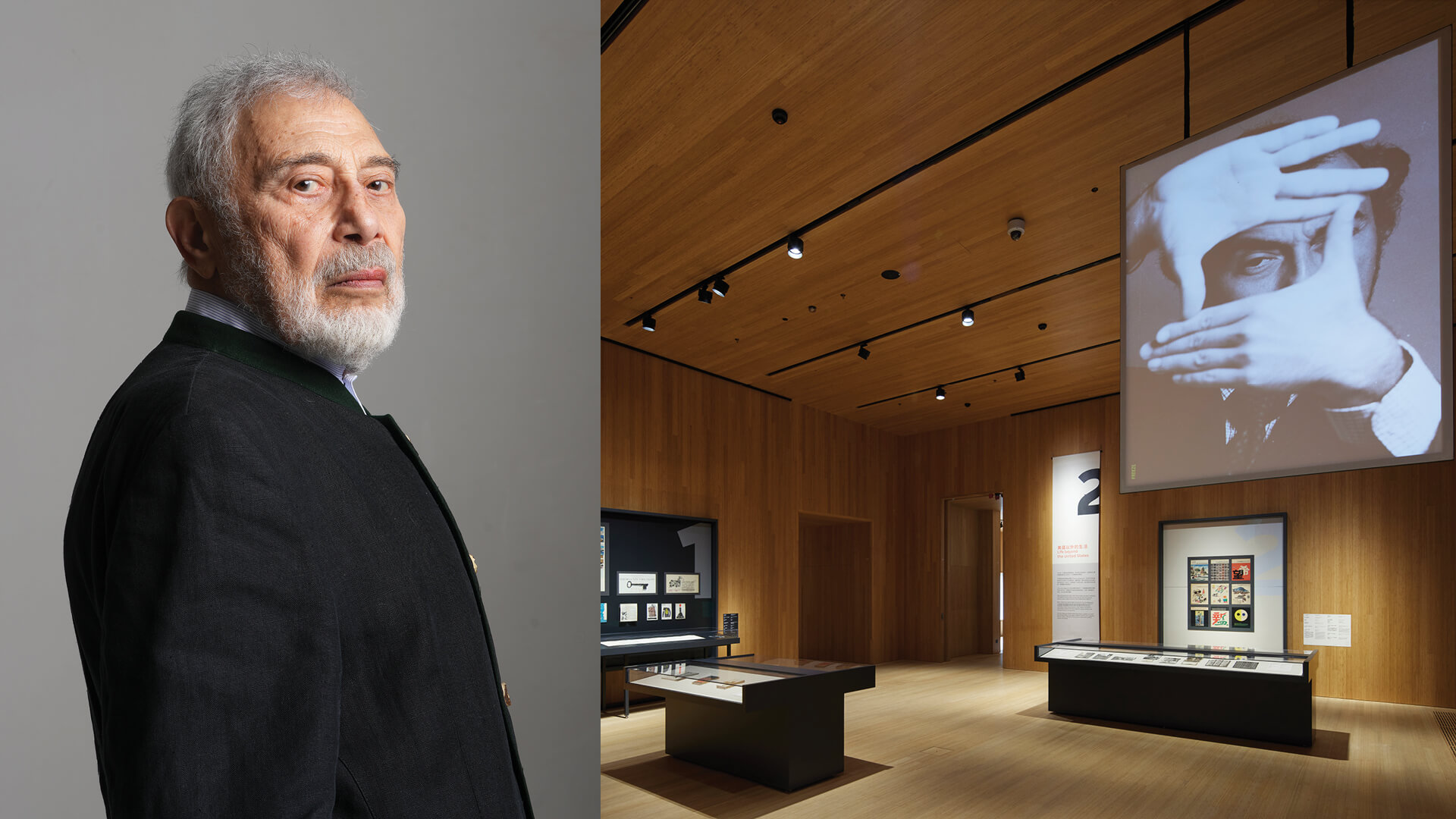 L: Henry Steiner, R: Installation view of Henry Steiner: The Art of Graphic Communication, 2024 | Henry Steiner: The Art of Graphic Communication at M+ | STIRworld