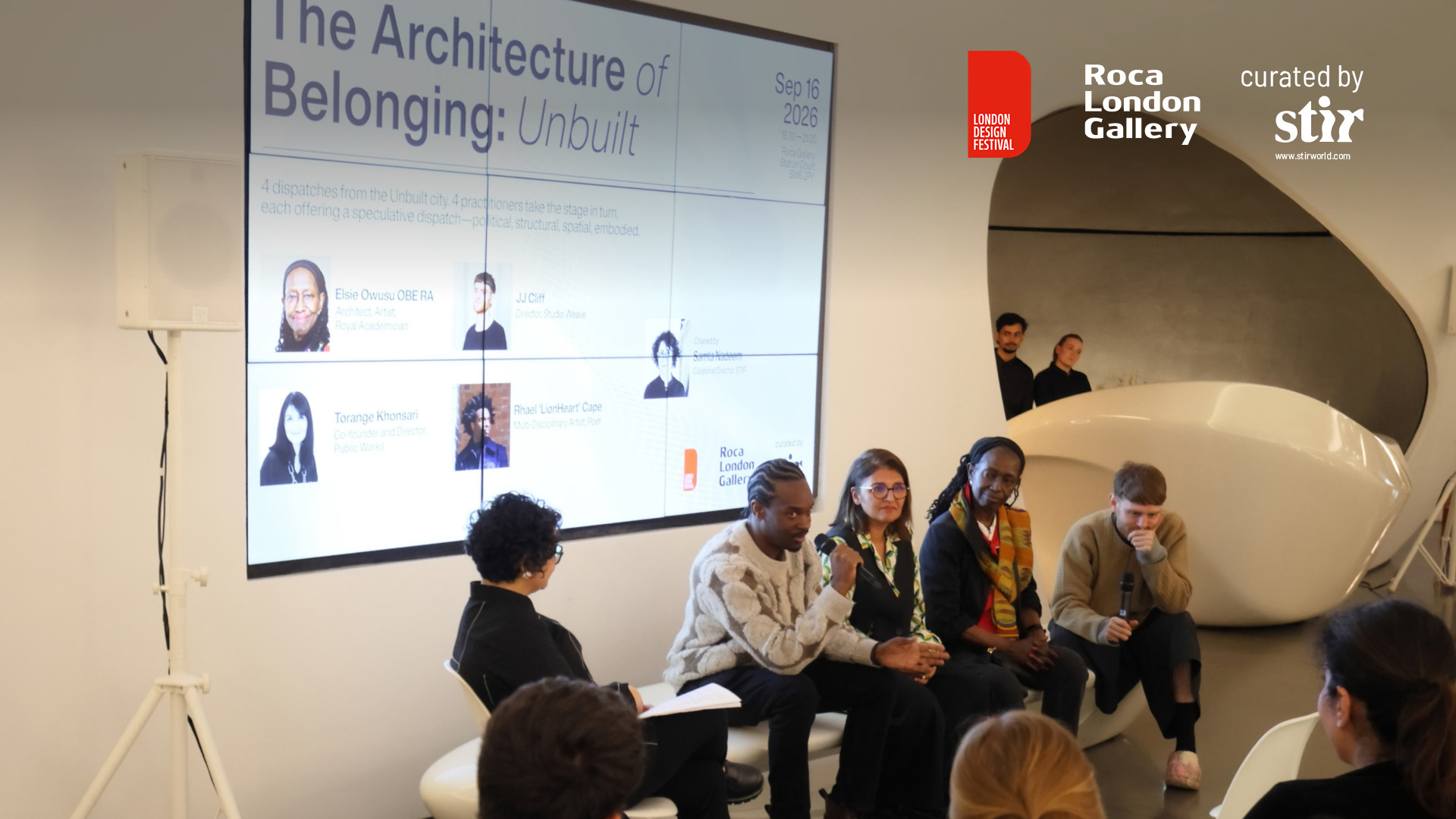 Presentations by Elsie Owusu OBE RA, Torange Khonsari, JJ Cliff and Rhael &lsquo;LionHeart&rsquo; Cape at &lsquo;The Architecture of Belonging: Unbuilt' at the Roca London Gallery | Architecture of Belonging: Unbuilt |
