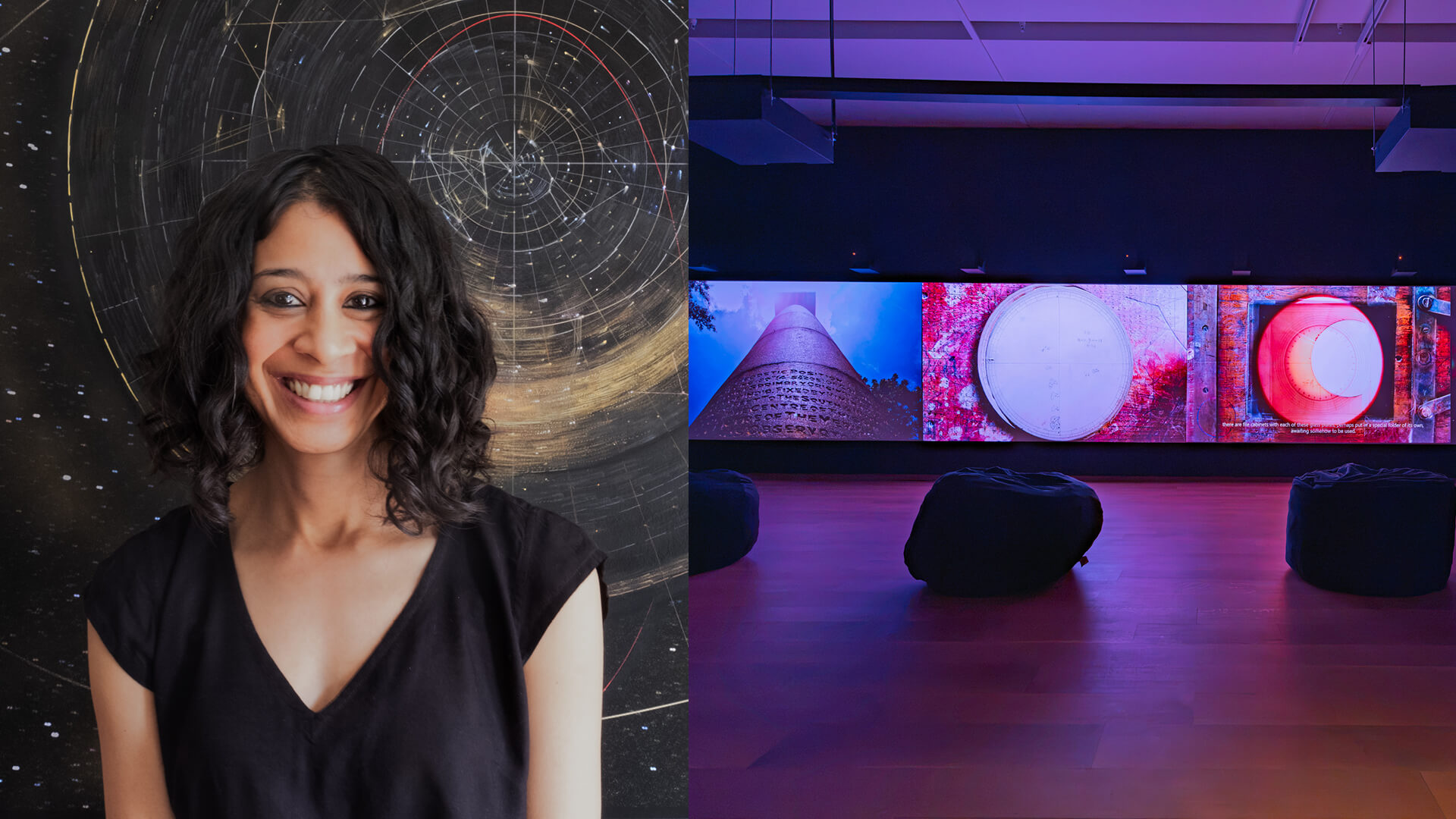Rohini Devasher photographed, 2025; Installation view of &lsquo;One Hundred Thousand Suns&rsquo;, 2023, Rohini Devasher, on view at Bruce Museum, 2026 | Solar Poetics | Bruce Museum | Rohini Devasher | STIRworld