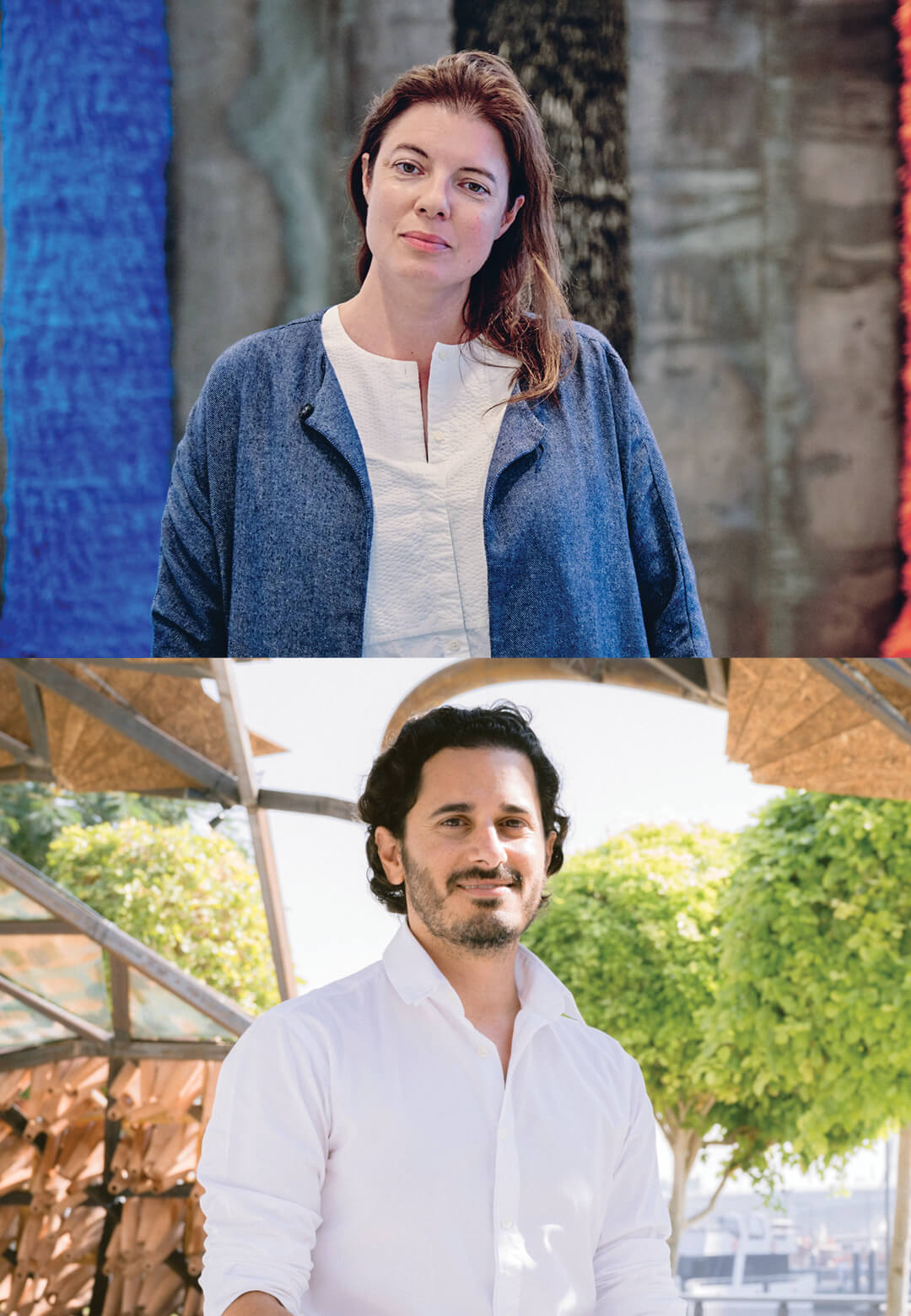 (L)Portrait of Antonia Carver, Director, Art Jameel; (R) Adib Dada, Founder/ Lead Architect, theOtherDada, at Tarabot Weaving a Living Forum | Jaddaf Waterfront Sculpture Park | UAE | STIRworld
