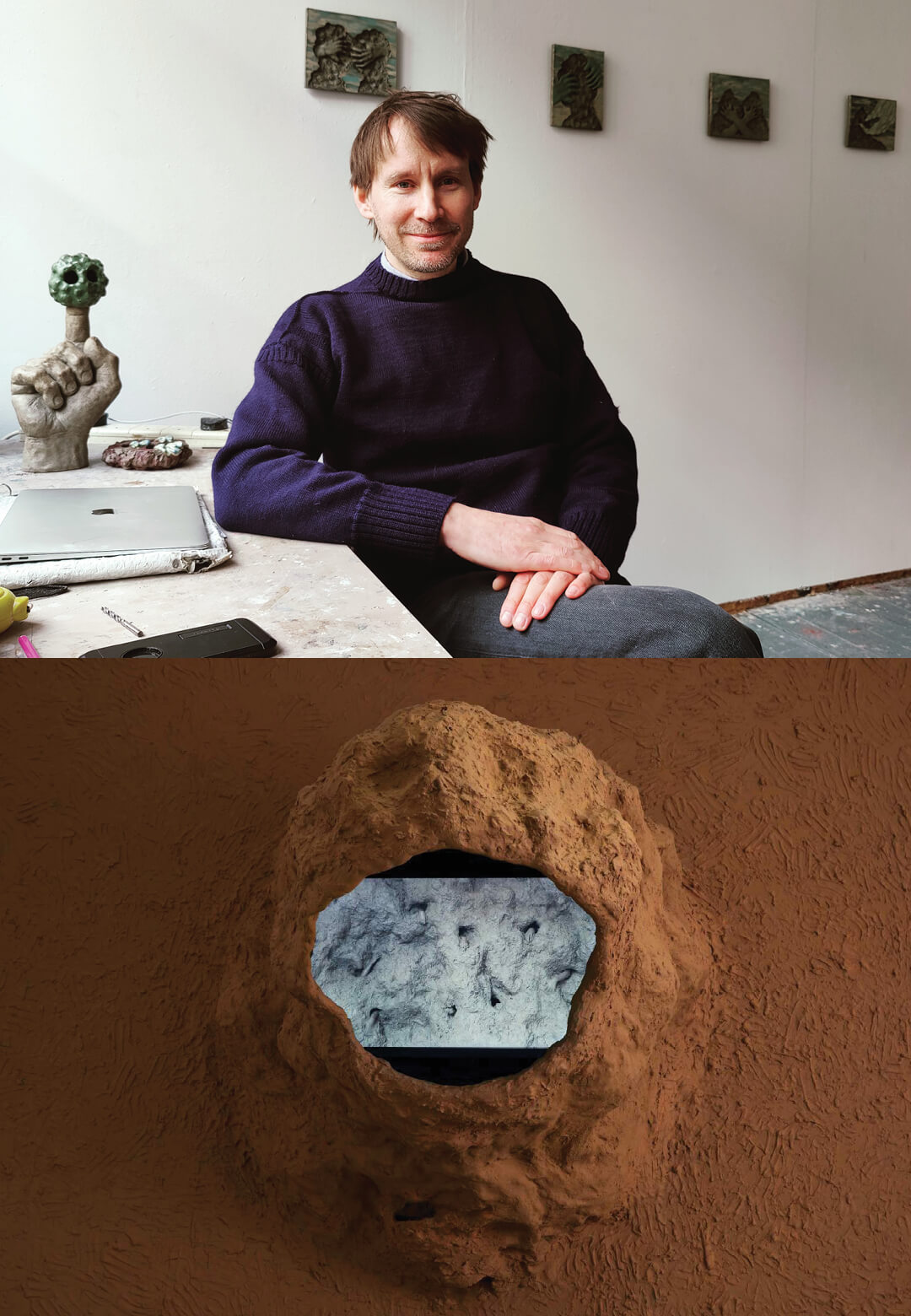 (L)Portrait of William Cobbing; (R) Terra Cave, 2023, Plaster and skrim shell, paint and clay surface, TV and media player, William Cobbing | Messums West Ceramic Season 2024 | STIRworld