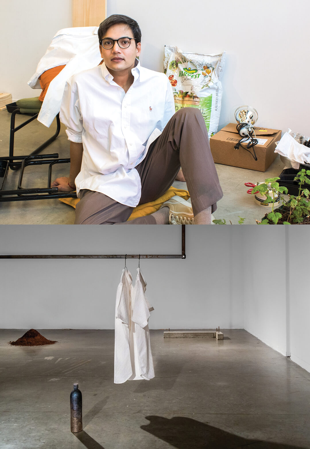 (L) Portrait of Omer Wasim; (R) Lives After Lives \ An Archaeology of Simultaneous Unfurlings, 2023, Detail view from first-year MFA critiques in the sculpture programme at Yale School of Art