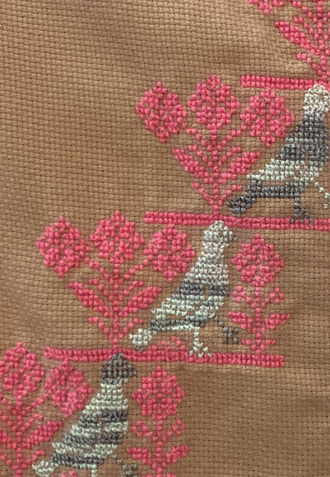 Detail image of “Eating Sweets” , 2023, cross stitch embroidery, lavender print, inkjet transfer on cotton, pyjama fabric,Elif Erkan| Elif Erkan | STIRworld
