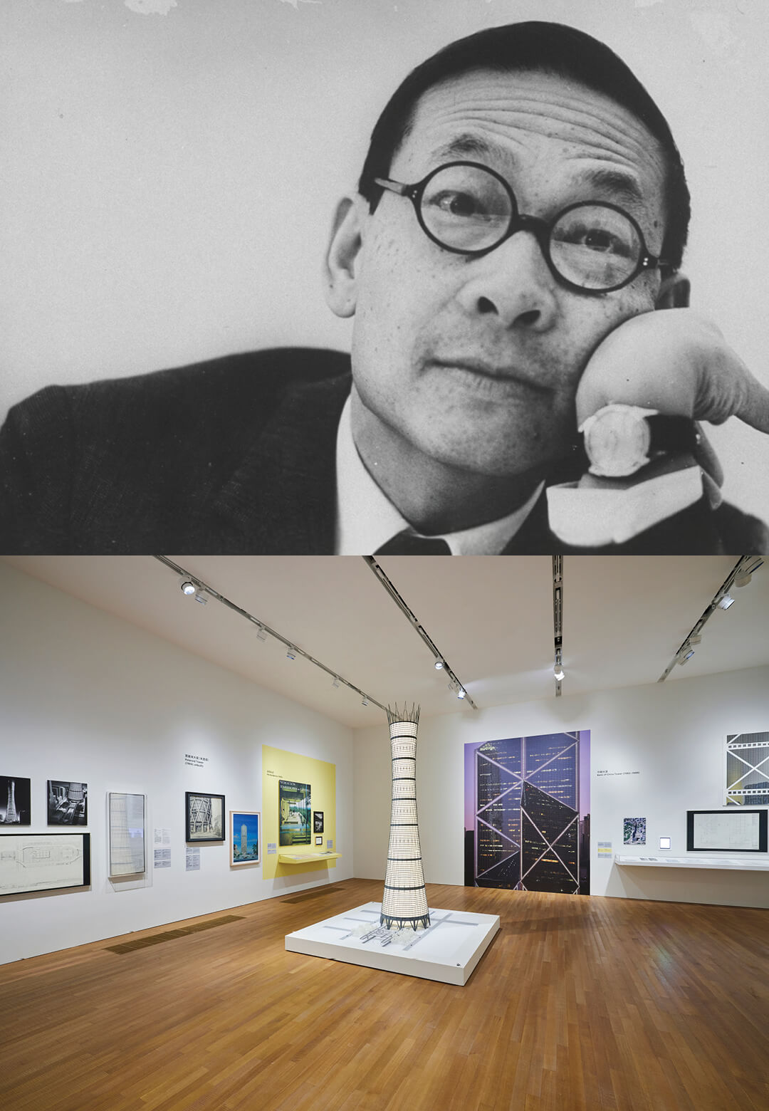 (L) Portrait of I. M. Pei taken when he was selected to design the John F. Kennedy Presidential Library and Museum, Dorchester, Massachusetts 1965; (R) Installation view of I. M. Pei: Life Is Architec