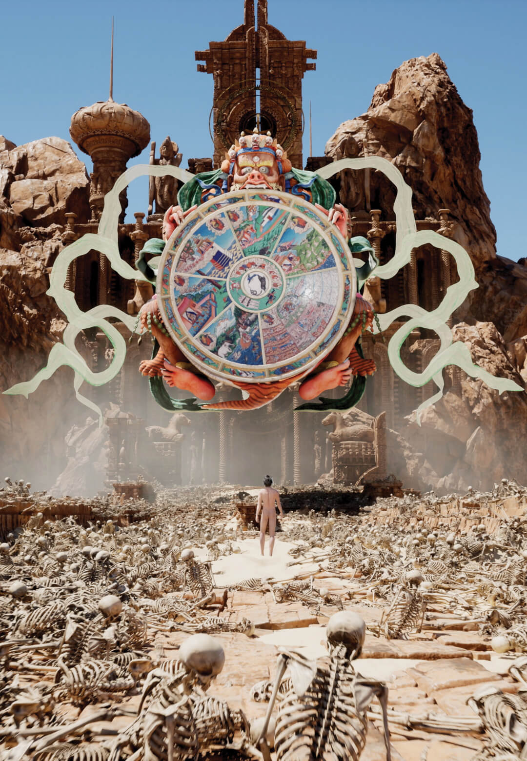 The DOKU Human encounters the samsaric wheel of life after hav-ing traversed the mountain of skeletons left behind by past reincarnations | LuYang | STIRworld