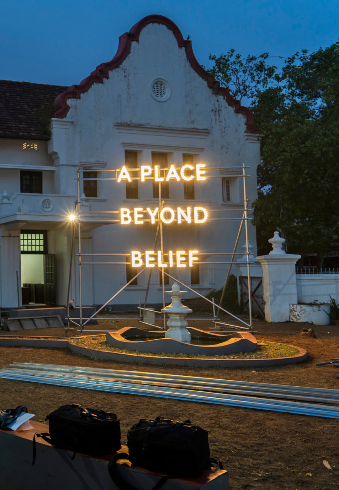 Light sculpture by Nathan Coley at the Kochi-Muziris Biennale 2018 | Kochi-Muziris Biennale | STIRworld