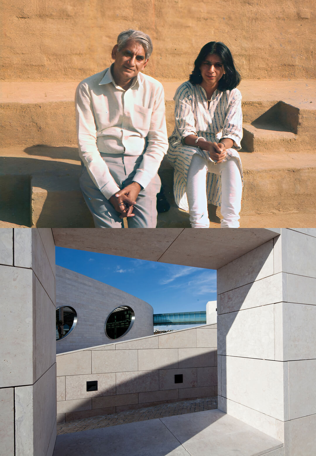 (Left) Portrait of Charles Correa and Nondita Correa Mehrotra, (Right) Champalimaud Centre (Lisbon, 2006-10) | STIR in conversation with Charles Correa’s daughter Nondita Correa Mehrotra | STIRworld