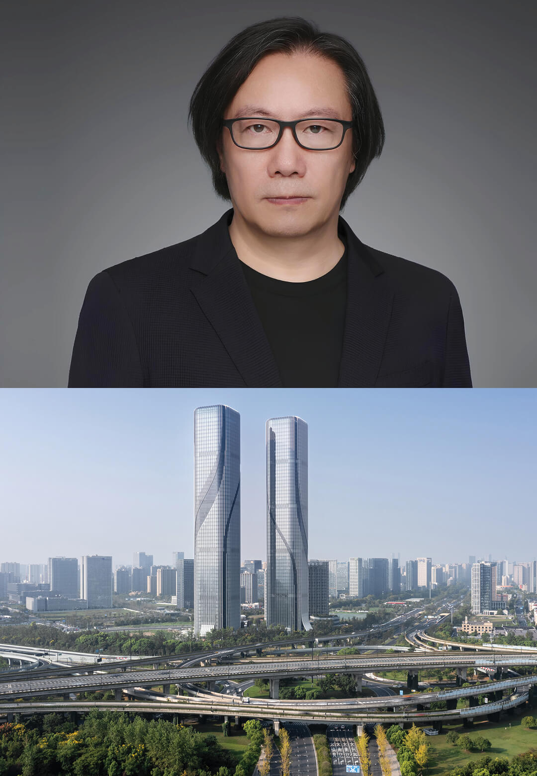 (L) Portrait of Ping Jiang; (R) Shimao Riverfront Wisdom Towers | Ping Jiang| STIRworld