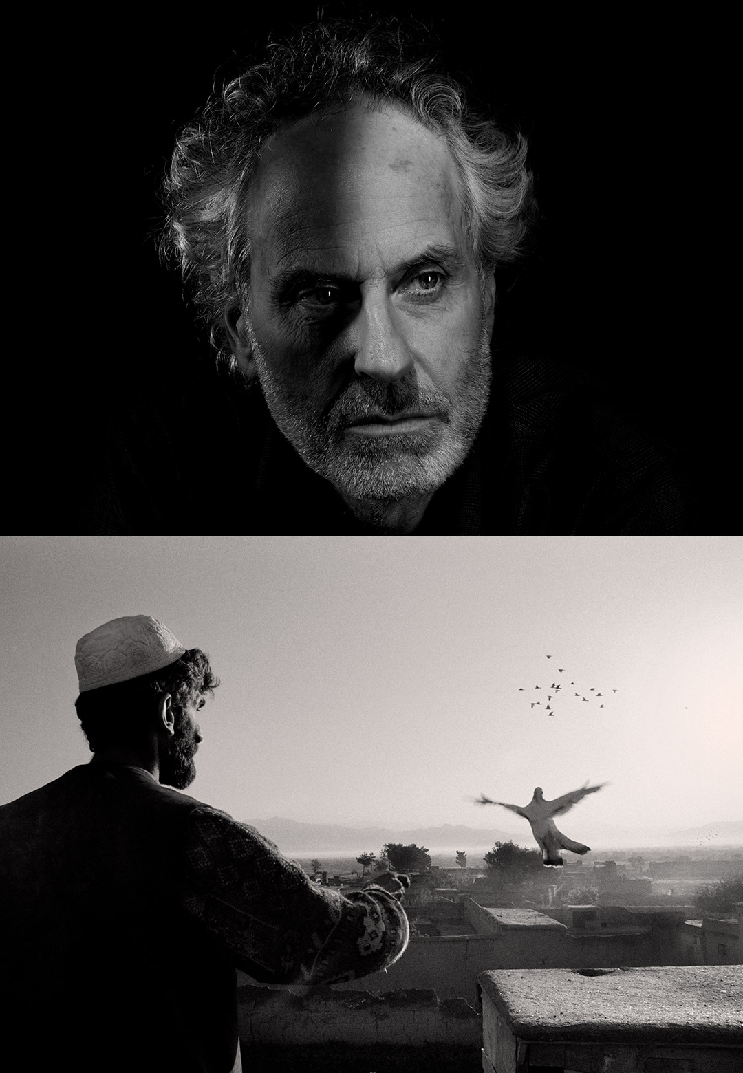 (L-R) Portrait of Seamus Murphy; Agha Reza releases his pigeons for Kaftar Bazi, Charikar, Parwan Province, November 2001 | Seamus Murphy | Museo Camera | STIRworld