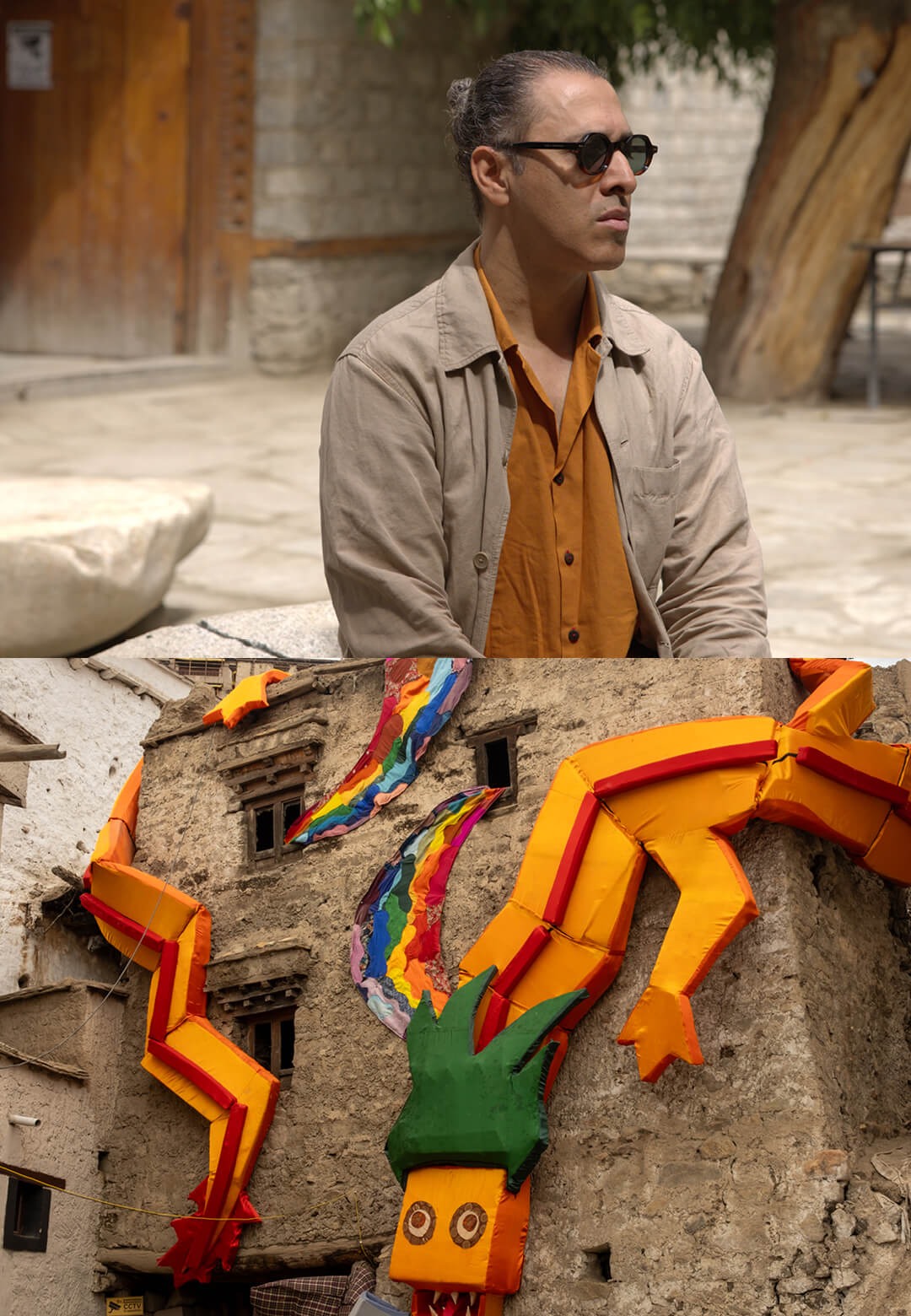 (L-R) Portrait of Vishal K Dar, curator, sā Ladakh Biennale, 2026; &lsquo;Za s Chu Thungse&rsquo;, Tashi Namgial; &lsquo;MANMO&rsquo;, Stanzin Wangail, Old Leh Town| sā Ladakh Biennale 2026 | Vishal K Dar | STIRworld