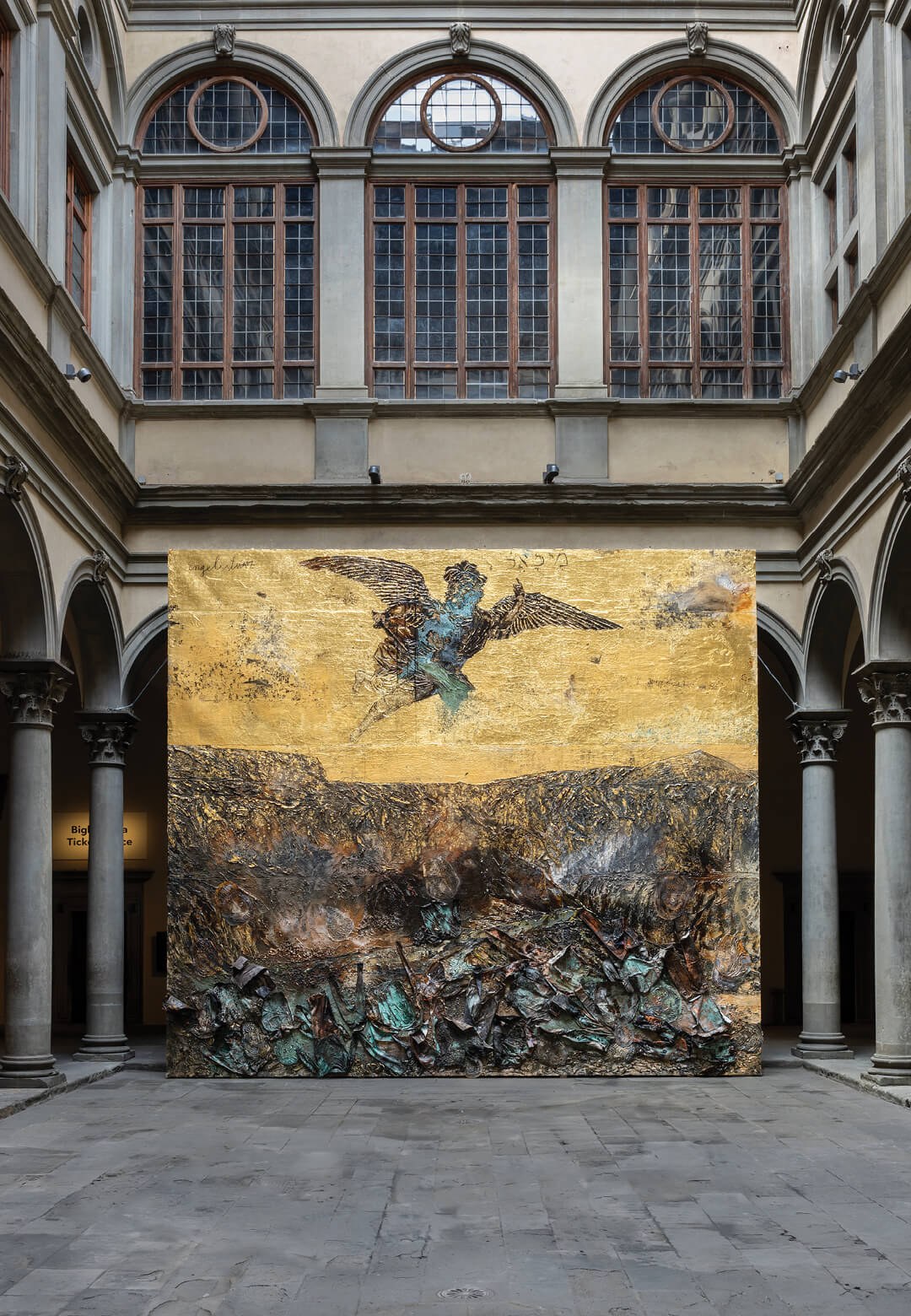 Engelssturz, Fallen Angels at Palazzo Strozzi, emulsion, oil, acrylic, shellac, gold leaf, fabric, sediment of electrolysis and charcoal on canvas, 2022-2023, Anselm Kiefer| Palazzo Strozzi | Fallen A