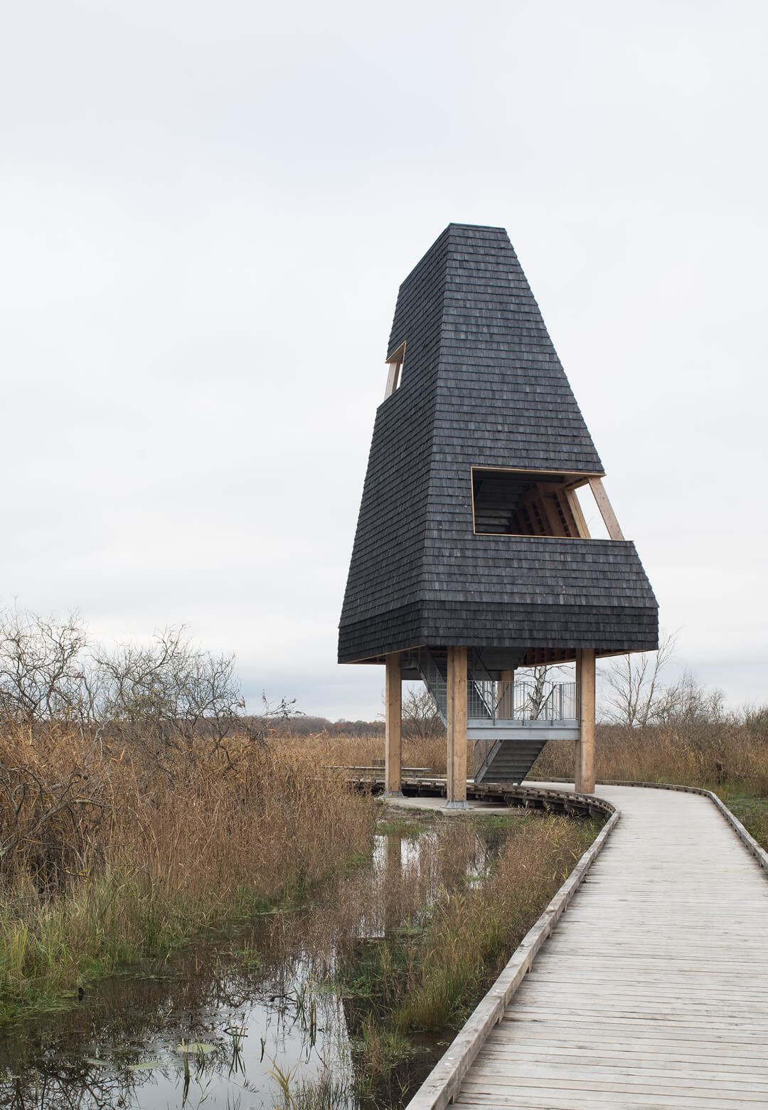 (L-R) Asger Jorns Alle, Byskoven and Slusen pavilions wiwithin Naturpark Amager | Naturpark Amager | ADEPT and LYTT Architecture | STIRworld