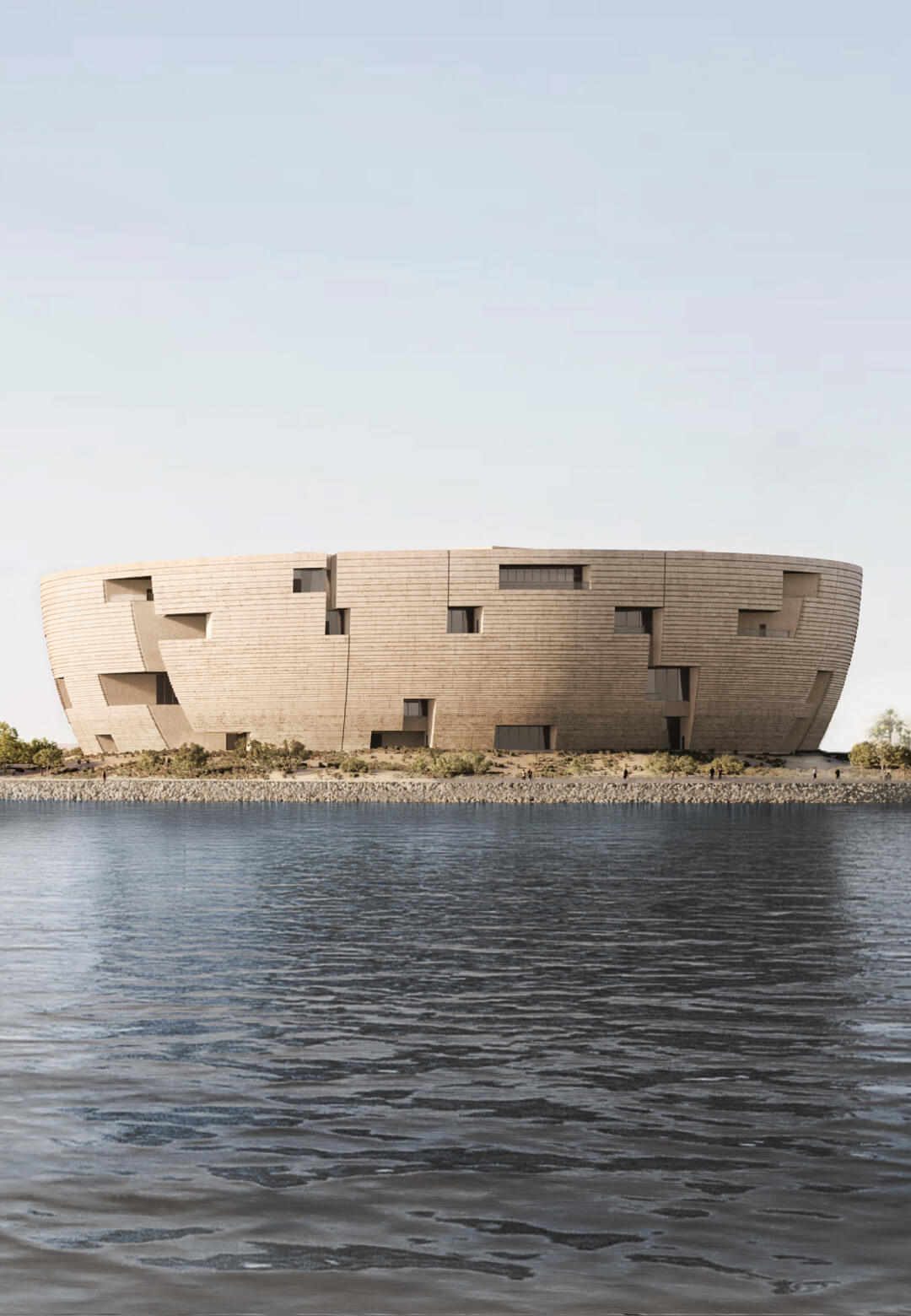 The view of the Lusail Museum from the marina towards Al Maha Island|Lusail Museum| Herzog & de Meuron| STIRworld