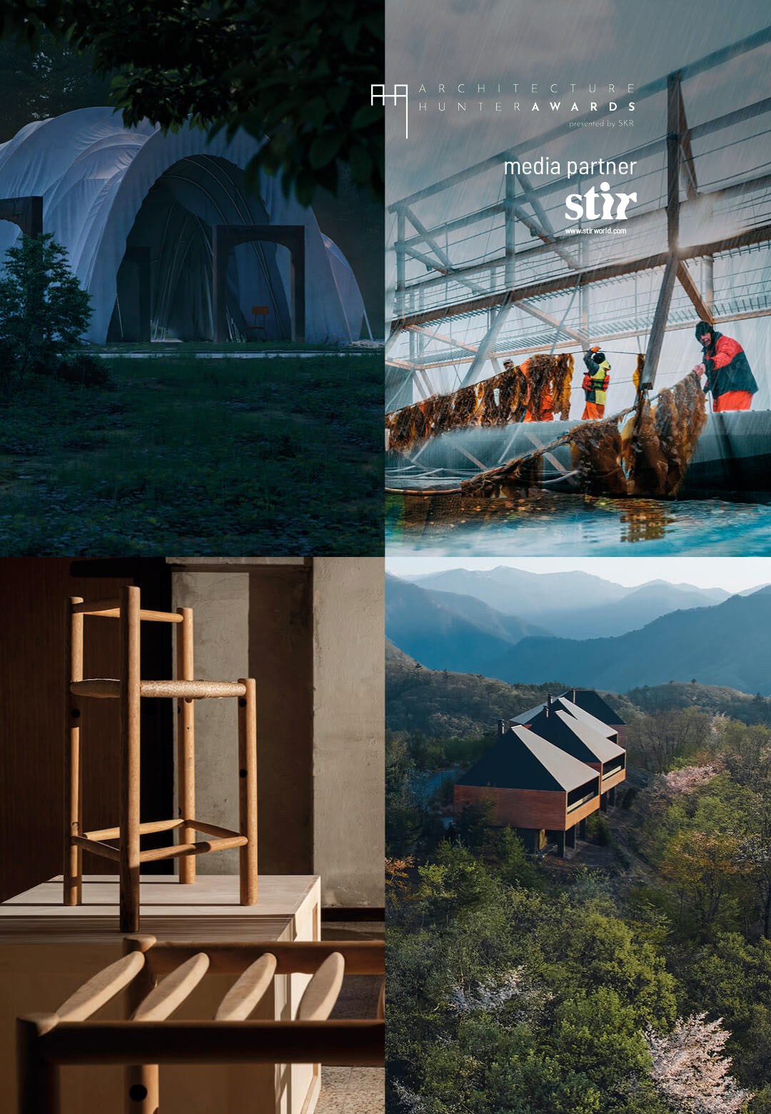 (L-R ) FabricA by Hristo Rizov; NOT A HOTEL MINIKAMI TOJI by SUPPOSE DESIGN OFFICE; J39.5 by AtMa inc.; Regenerative Machines for Marine Food Production by Sebastián Carvajal, Universidad del Desarrol