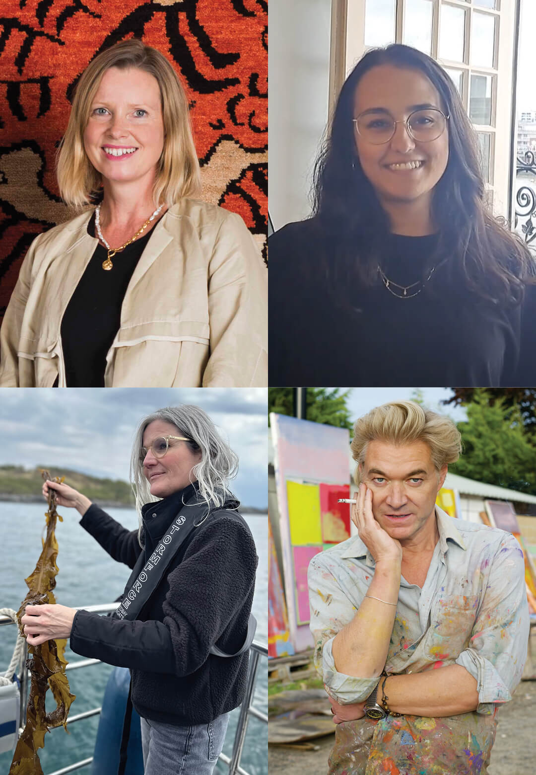 From left to right: Emma Talbot with seaweed; Portrait of Mollie Gupta; Laura Culpan with Ai Weiwei’s rug Tyger, Tomorrow’s Tigers and WWF-UK, 2022; Portrait of Harland Miller, 2022 | Art For Your Oce