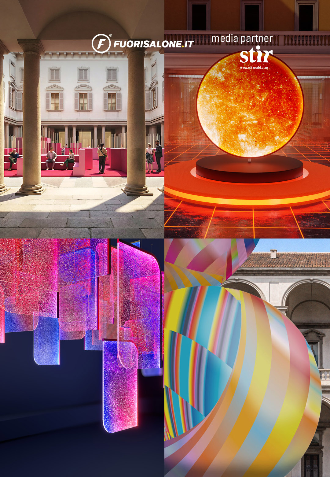 (Clockwise from top left) &lsquo;Metamorphosis in Motion&rsquo; by Lina Ghotmeh; glo art 2026 by glo&trade;; Preciosa&rsquo;s &lsquo;Drifting Lights&rsquo; installation and Sara Ricciardi&rsquo;s installation at Fuorisalone 2026 | Fuorisalone