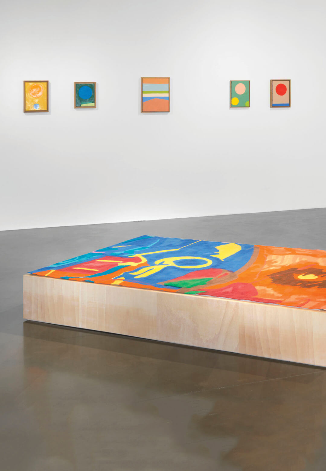Left to right: <em>Wozu Dichter in dürftiger Zeit? (What are poets for in these destitute times?)</em>, 2011, and <em>Walking Man III</em>, 2021, Simone Fattal; <em>Untitled</em>, 2021, Etel Adnan