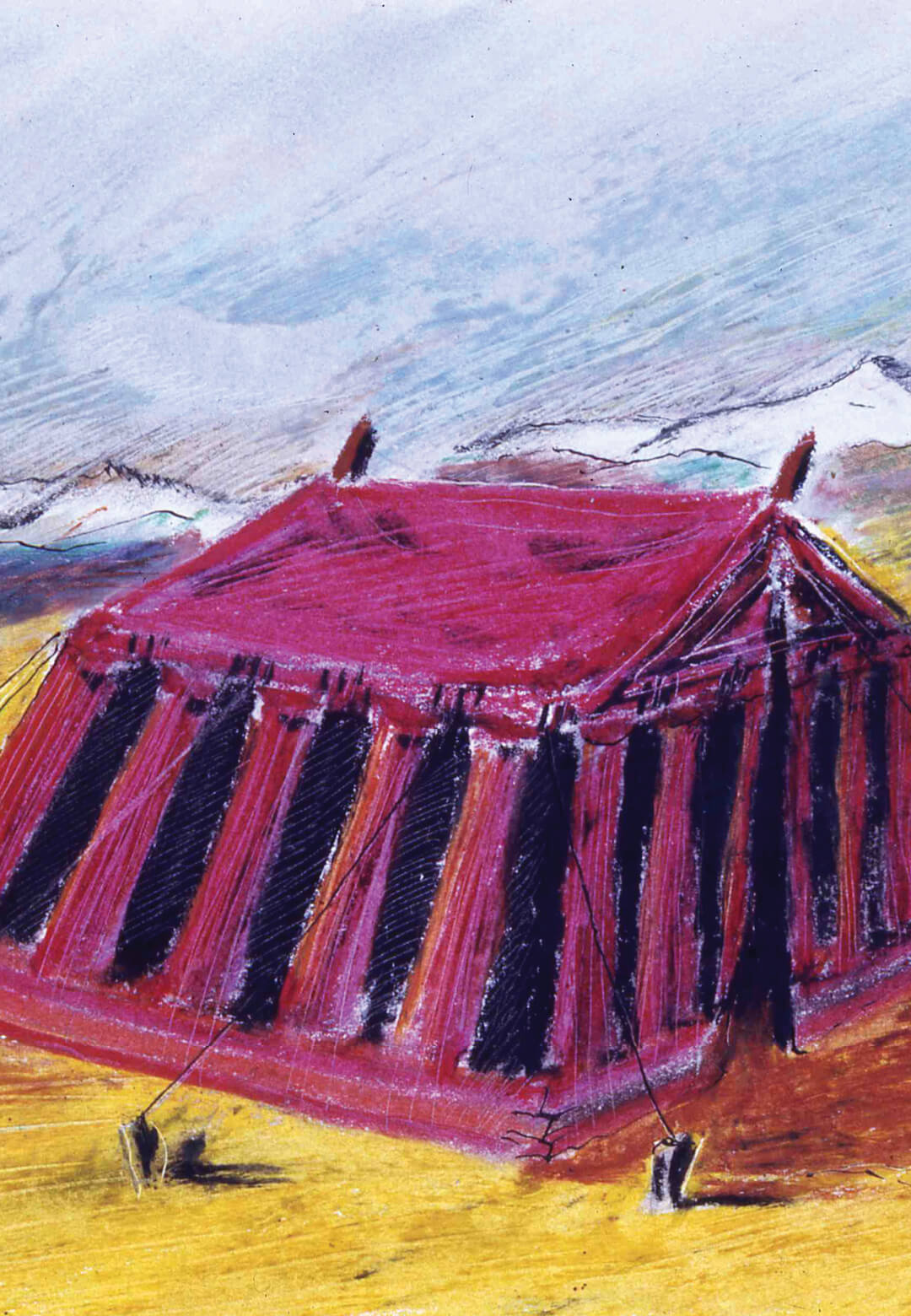 Franco Raggi, La Tenda Rossa dell’Architettura. Drawing: pastels, wax and ink on paper, 1974| A new project by Franco Raggi inspired by La Tenda Rossa will be presented at DOPO? space in Milan during