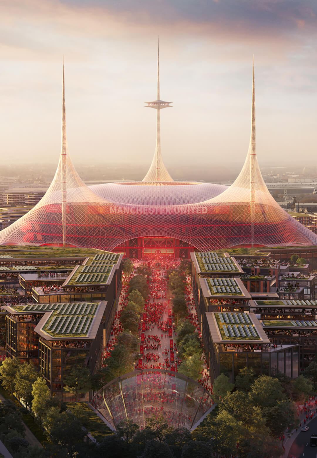 The stadium features three soaring masts, which take inspiration from the Red Devil’s trident emblem and reflect the verticality of Manchester’s industrial skyline | Old Trafford Stadium District | Fo
