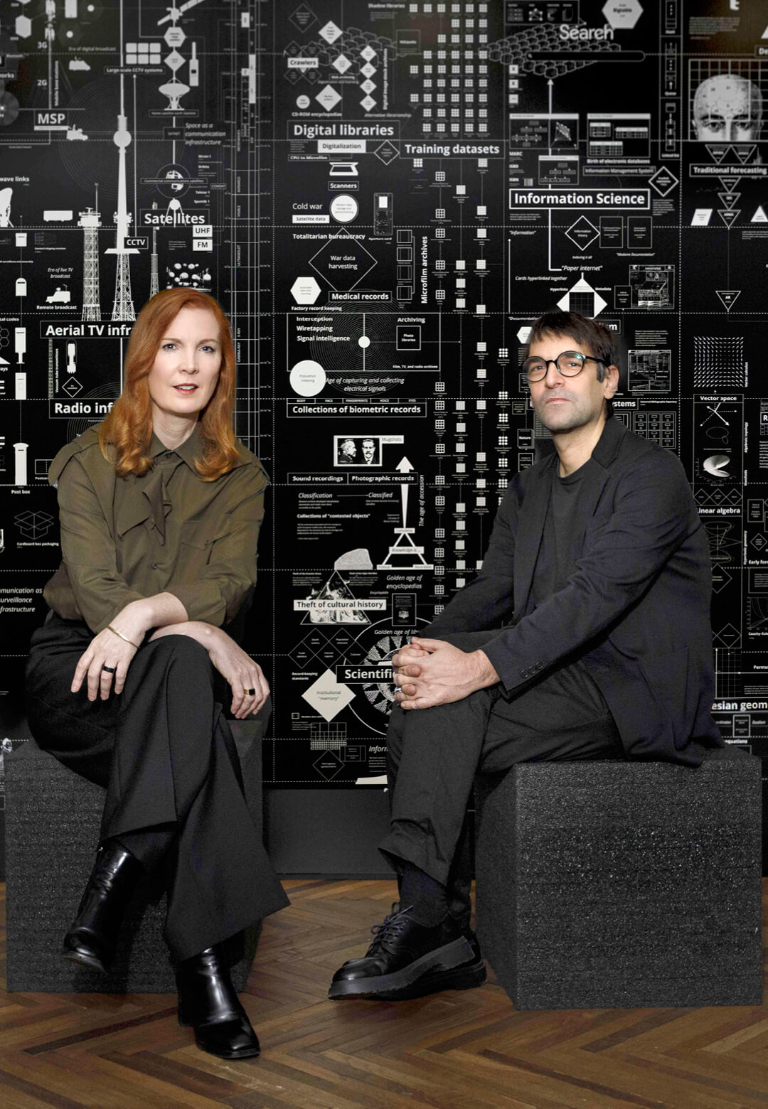 Prof. Kate Crawford and Prof. Vladan Joler, seated in front of ‘Calculating Empires’ at the Venice Architecture Biennale | Calculating Empires | Data visualisation | STIRworld