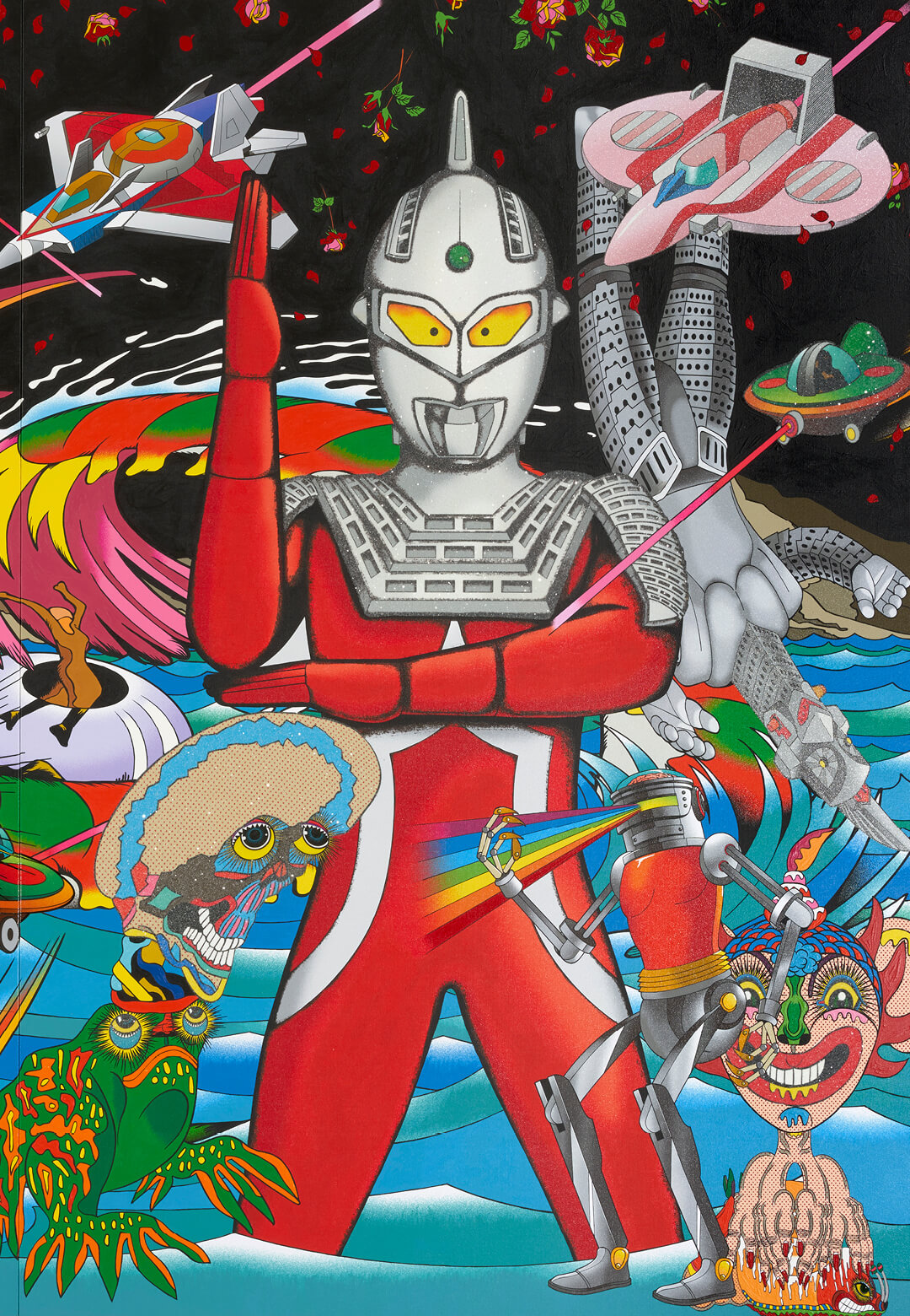 ‘Ultra-man’, pigmented ink, acrylic silkscreen medium, crushed glass, glitter and acrylic paint on canvas, 2018 | Keiichi Tanaami: Memory Collage | Keiichi Tanaami | STIRworld