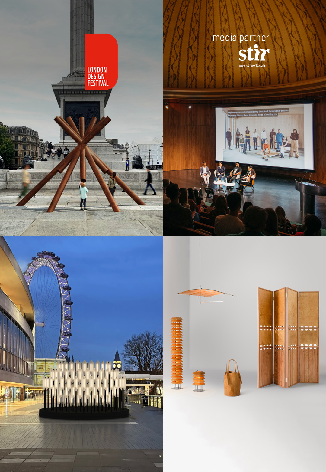 (Clockwise from top left) Beacon by Lee Broom, MycoWorks at Material Matters, What Nelson Sees by Paul Cocksedge and the Global Design Forum | LDF 2025 | London Design Festival | STIRworld