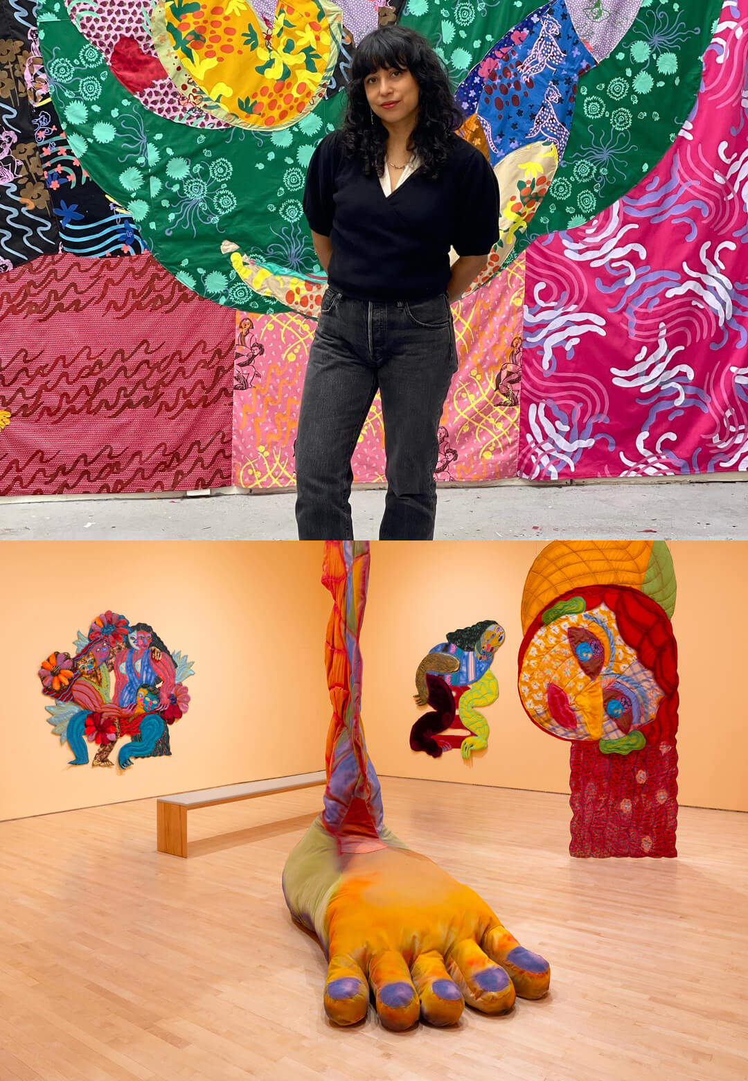 (L) Portrait of artist Maria A. Guzmán Capron; (R) Installation view of ‘Respira Hondo’, 2023, SFMOMA, Maria A. Guzmán Capron| Maria A. Guzmán Capron| STIRworld