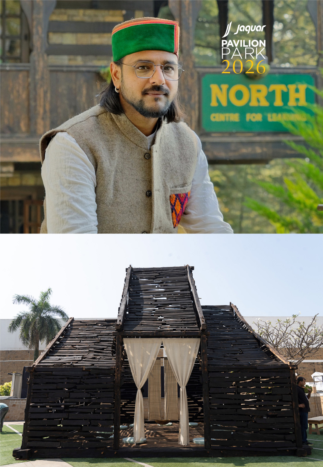 Rahul Bhushan, director and founder of the Himalayan collective NORTH; Visualisation of the Mountain Transcripts pavilion designed by NORTH | Mountain Transcripts by NORTH | STIRworld