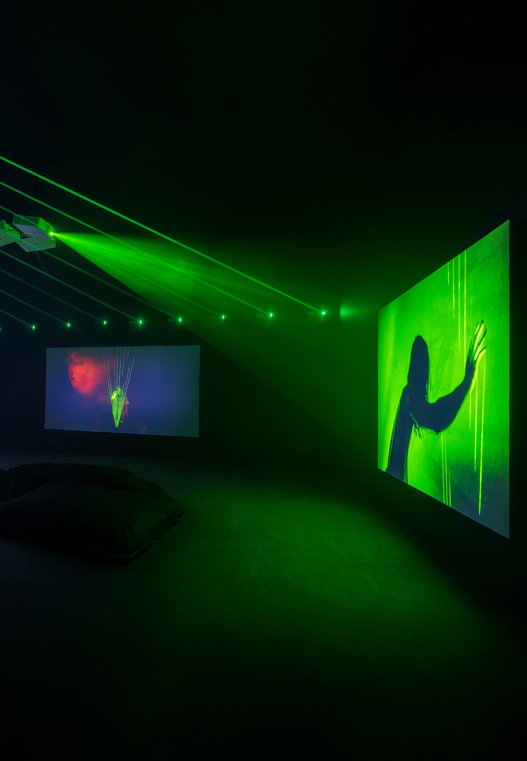 ‘No history in a room filled with people with funny names 5’, 3-channel HD video, colour, sound, 2018 | Sing Dance Cry Breathe | as their world collides on to the screen | Korakrit Arunanondchai, Alex