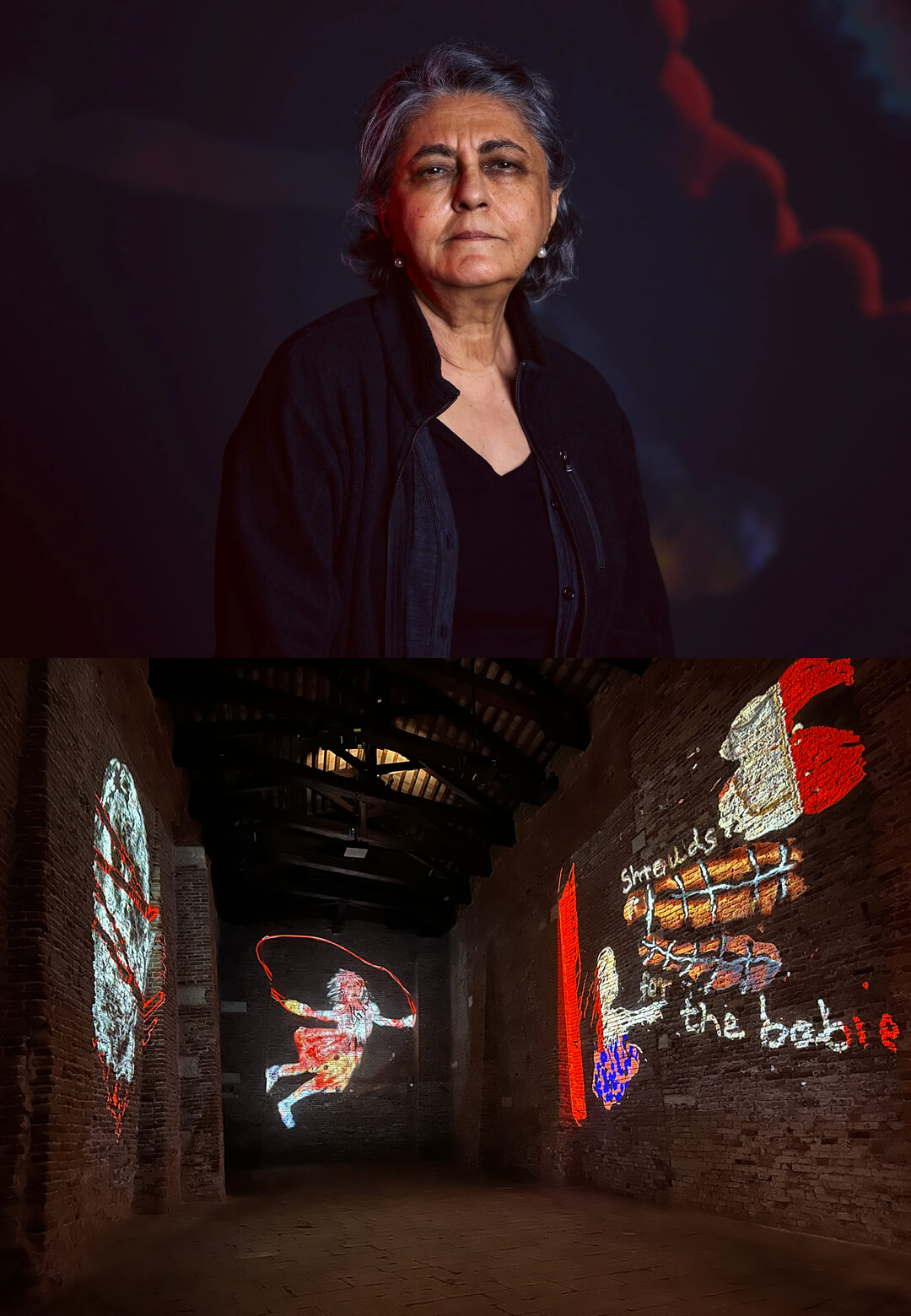 (L-R) A recurring figure of a skipping girl appears in Nalini Malani's Of Woman Born, Magazzini del Sale, Venice, 2026; Portrait of Nalini Malani | Venice Art Biennale 2026 | Nalini Malani | STIRworld