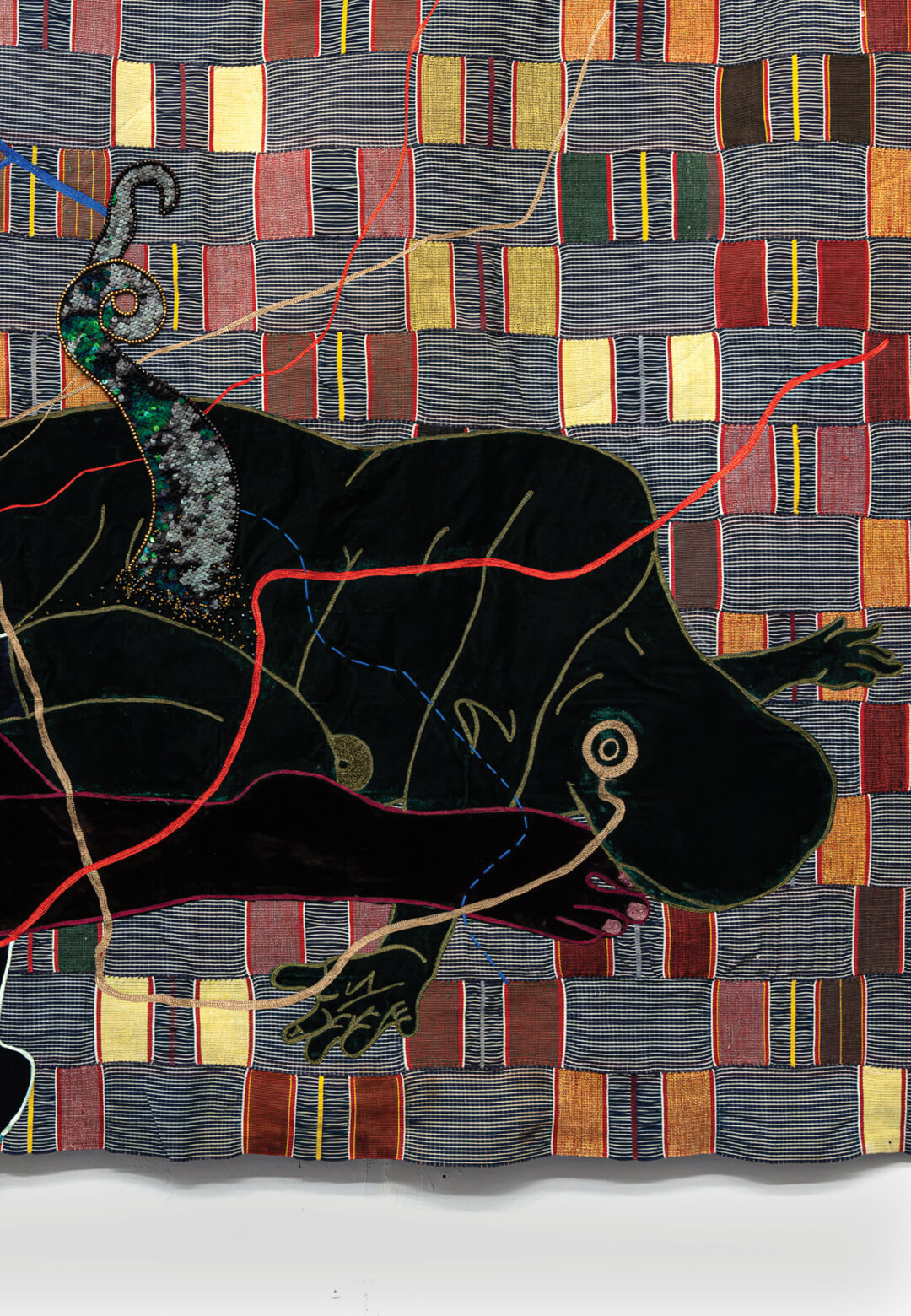 Fireflies, 2023, Beads, Sequins, Glow in the dark threads with Velvet cut outs embroidered on Kente, Priscilla Kennedy | A Thousand Disguises | Priscilla Kennedy | STIRworld