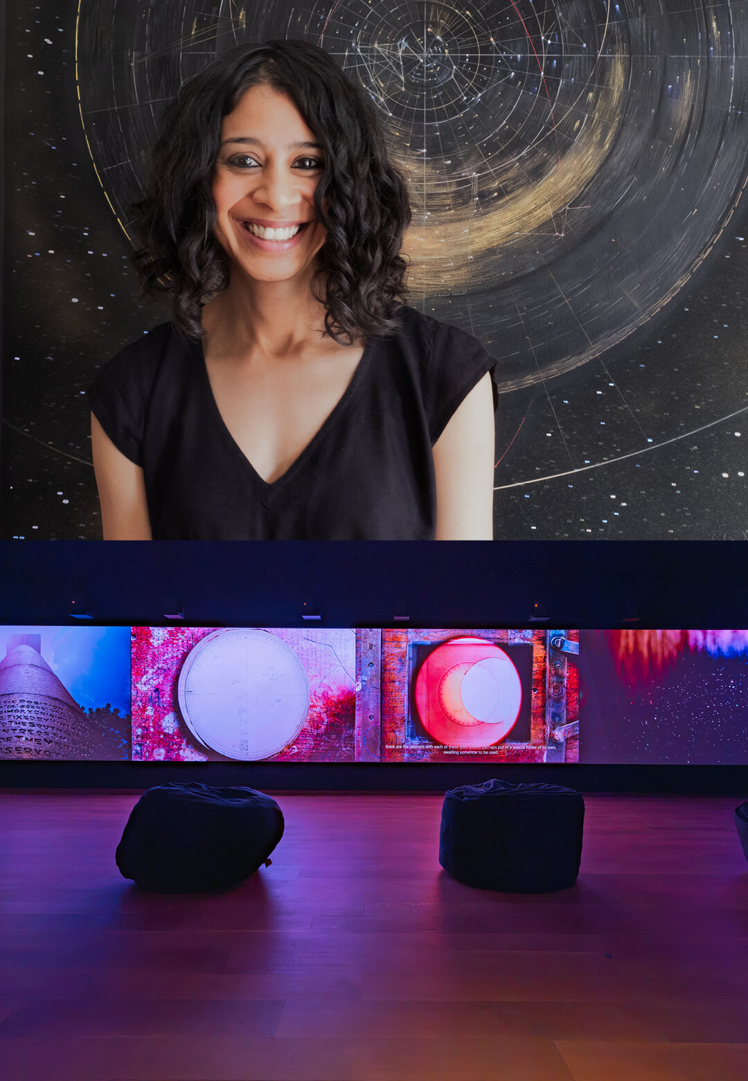 Rohini Devasher photographed, 2025; Installation view of &lsquo;One Hundred Thousand Suns&rsquo;, 2023, Rohini Devasher, on view at Bruce Museum, 2026 | Solar Poetics | Bruce Museum | Rohini Devasher | STIRworld