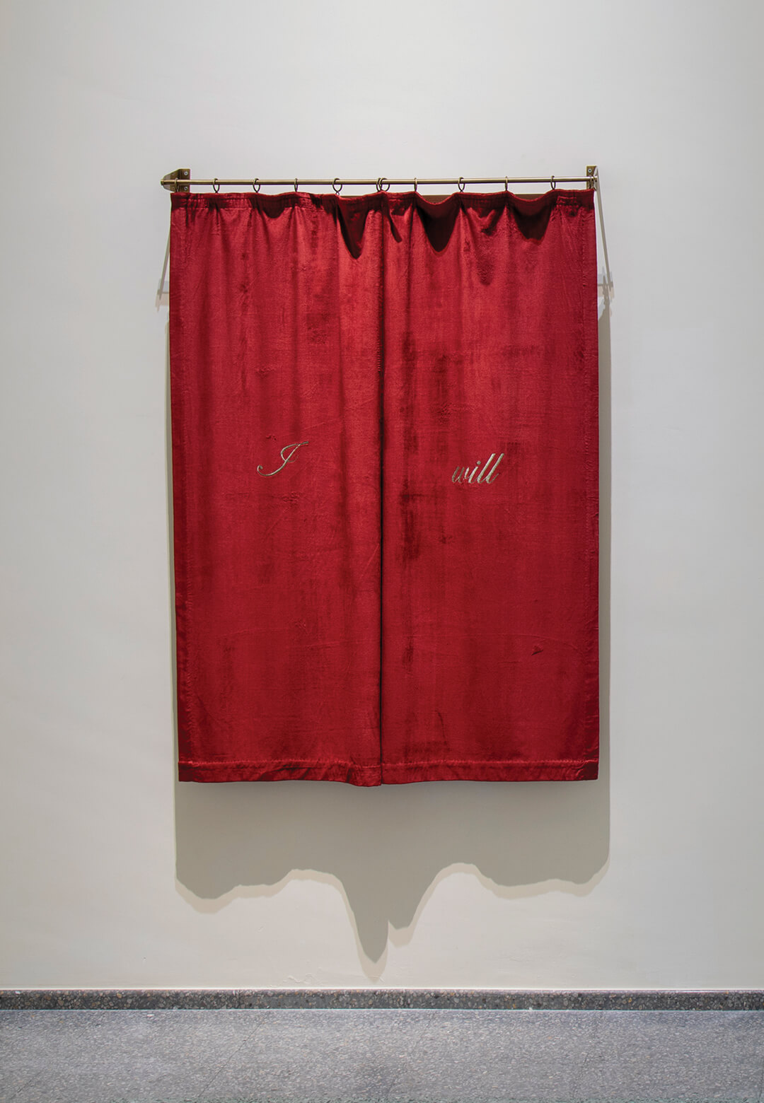 I Will Die, Print on mirror and embroidered curtain on metal rode, 2012, Shilpa Gupta | visibleinvisible | Marisa Merz | Shilpa Gupta | STIRworld