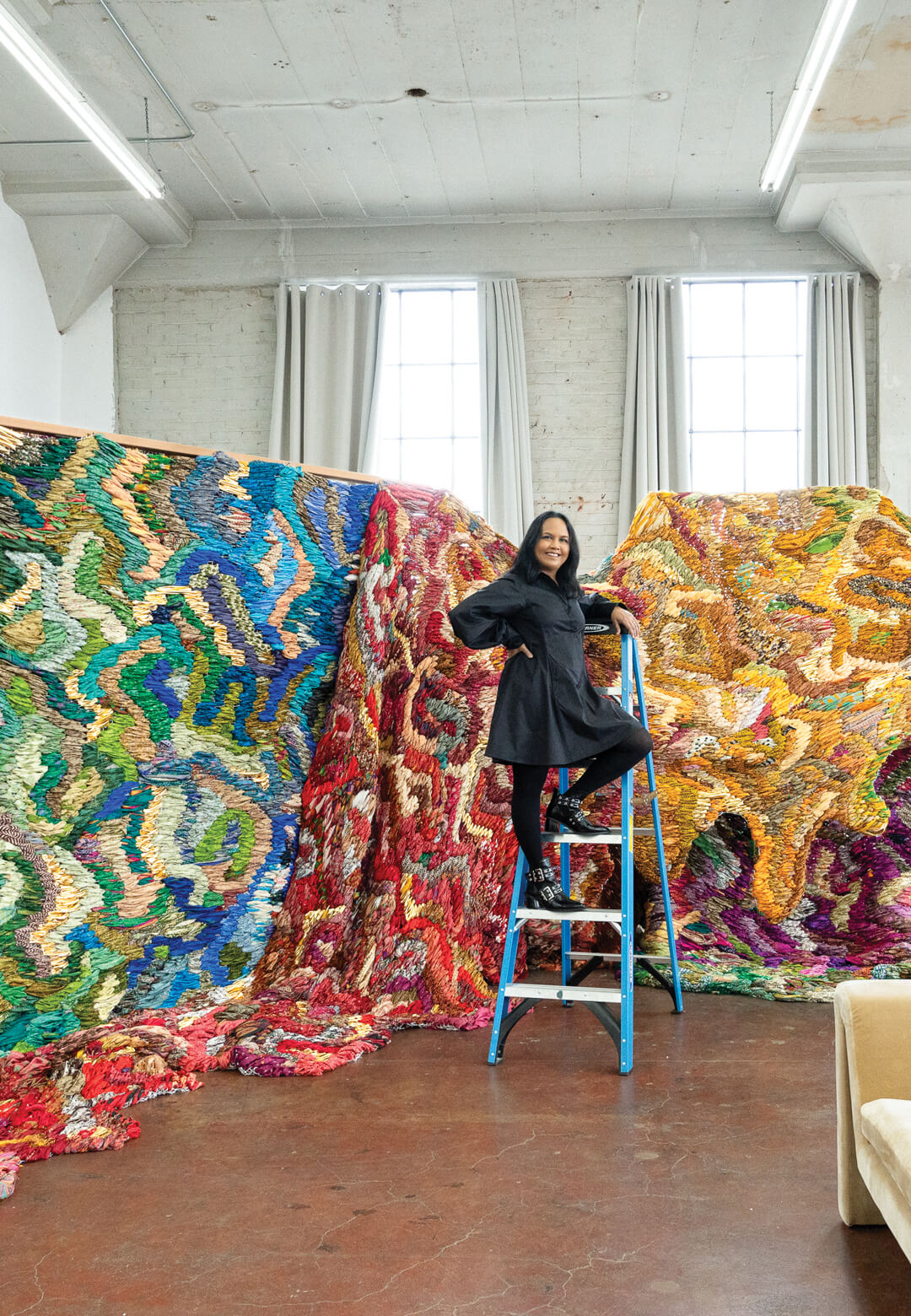 Suchitra Mattai with artwork for the exhibition We are nomads, we are dreamers at her studio in LA | Socrates Sculpture Park | STIRworld