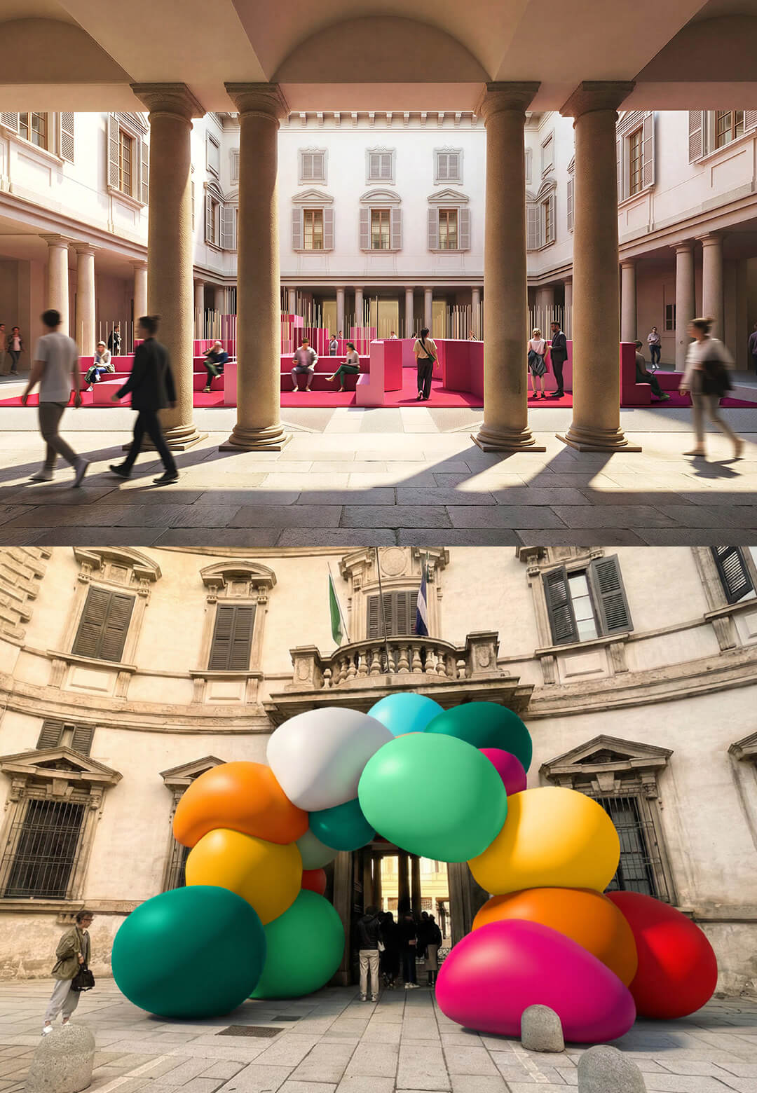 MoscaPartners Variations 2026, Palazzo Litta, Milano, Italy. &lsquo;Metamorphosis in Motion&rsquo;, entrance view; &lsquo;Ooooh, that&rsquo;s EpiQ!&rsquo; by &Scaron;koda Auto; &lsquo;PolyPi&ugrave; Cathedral&rsquo; by Studio Marco Pi