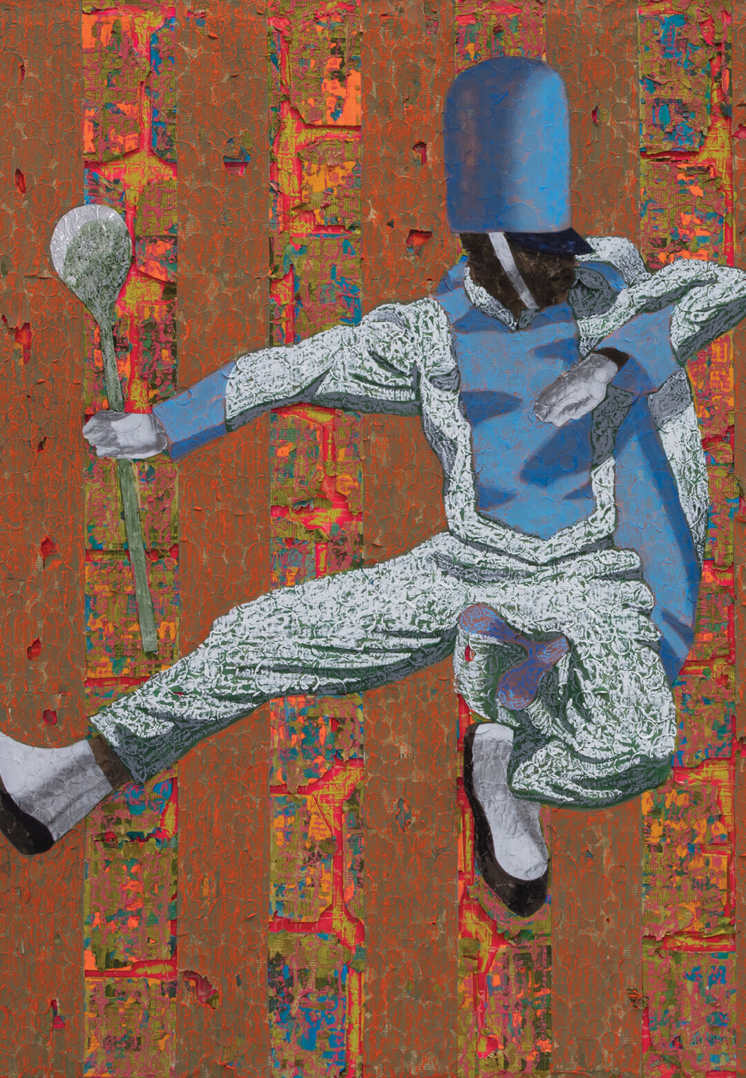 ‘Airborne Double’, acrylic, charcoal, cardboard, oil pastel, and foil on newspaper mounted on canvas, 2022, Derek Fordjour | Multiplicity: Blackness in Contemporary American Collage | STIRworld