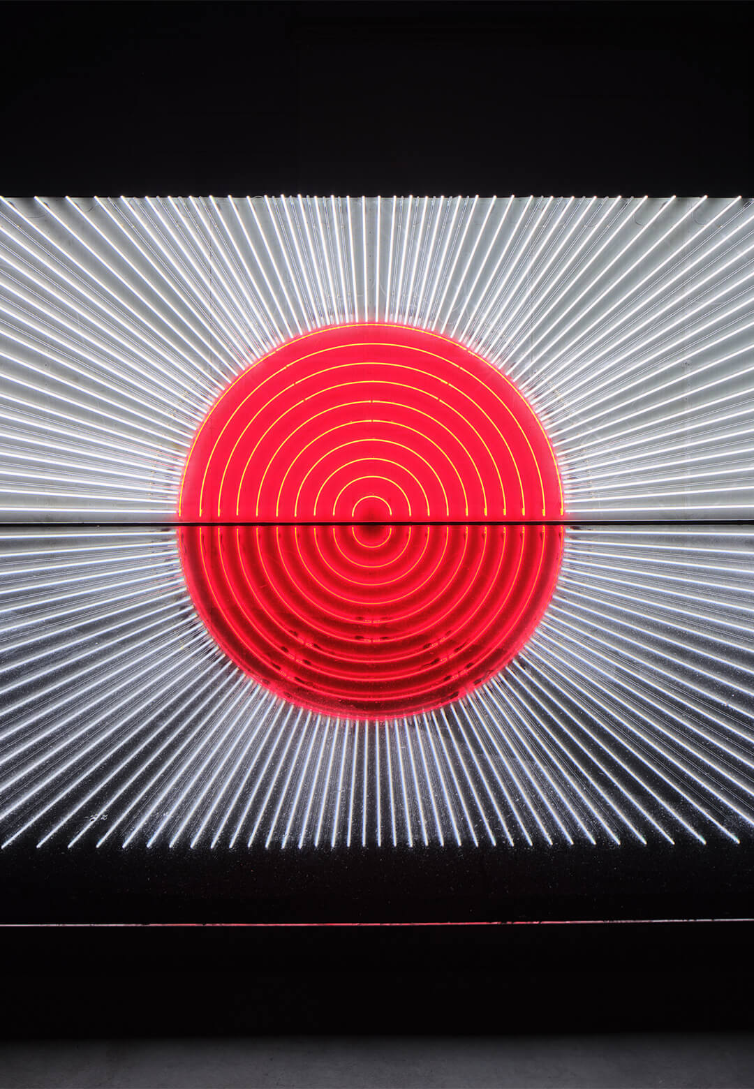 ‘Hinomaru Illumination2025<em>’</em>, neon, steel, water, 2025, Yukinori Yanagi, Pirelli HangarBicocca, Milan | Icarus | Yukinori Yanagi | STIRworld