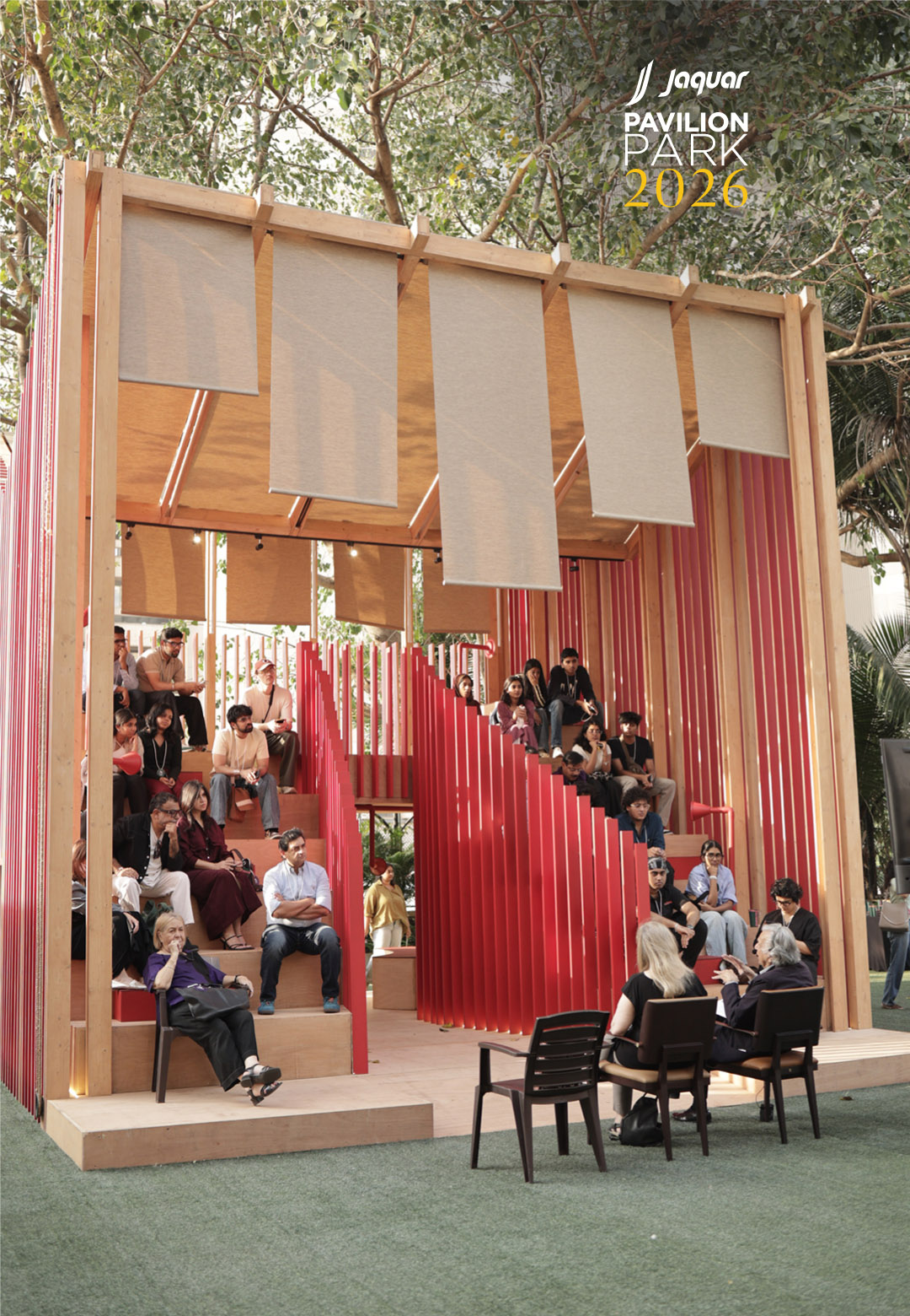 The Pentad Pavilion by UHA installed within the gardens of the National Centre for the Performing Arts for ADFF:STIR Mumbai 2026| Pentad Pavilion | UHA | STIRworld