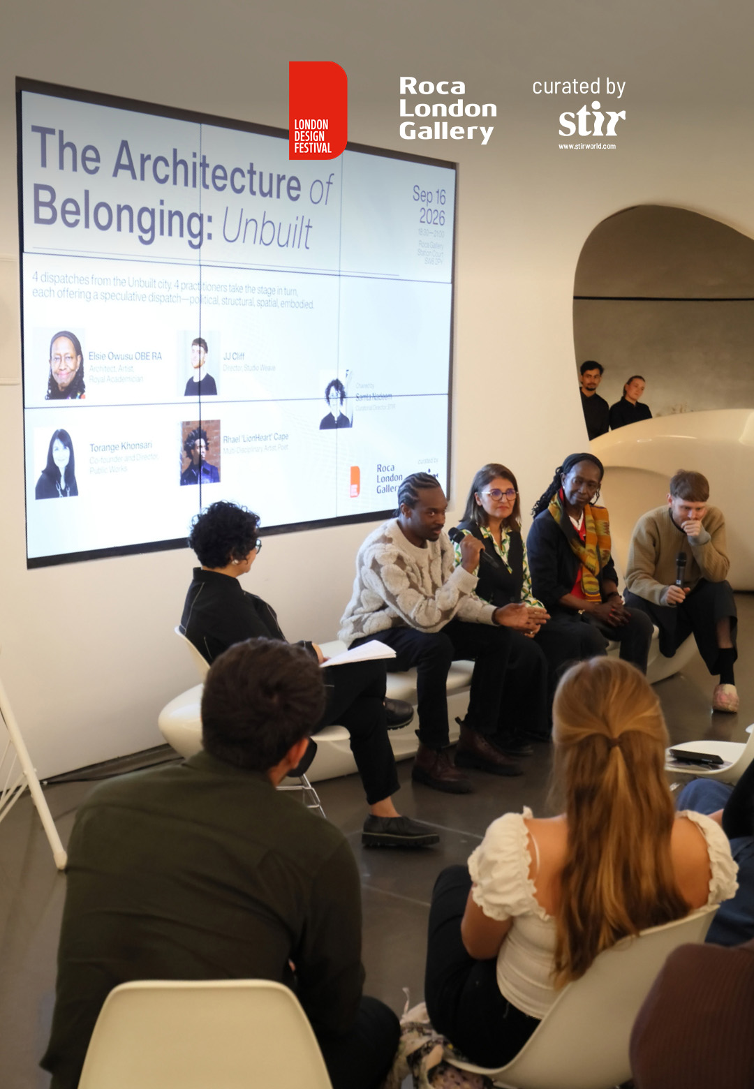 Presentations by Elsie Owusu OBE RA, Torange Khonsari, JJ Cliff and Rhael &lsquo;LionHeart&rsquo; Cape at &lsquo;The Architecture of Belonging: Unbuilt' at the Roca London Gallery | Architecture of Belonging: Unbuilt |