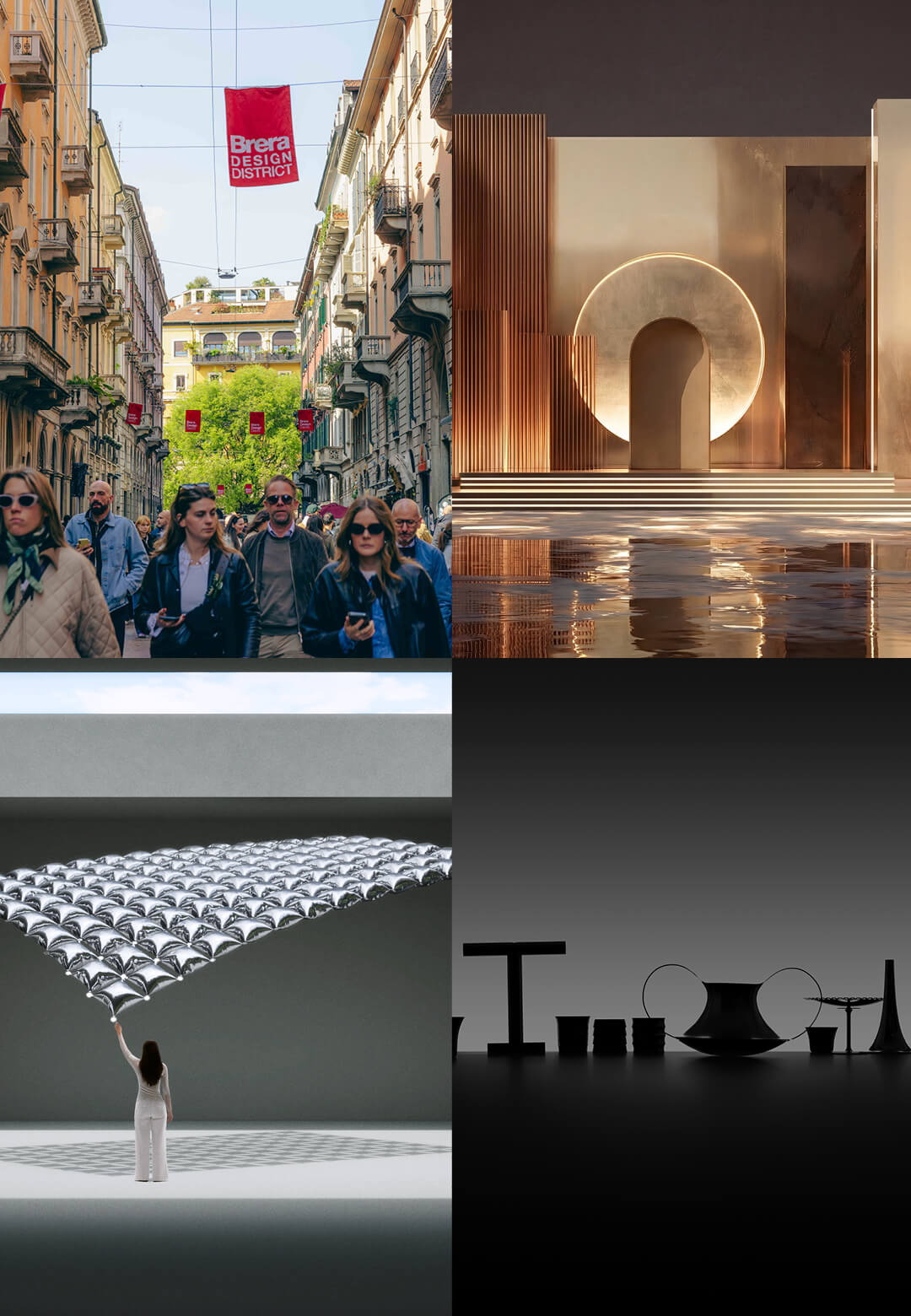 (Clockwise from top left) Brera design district 2025; &lsquo;Aurea&rsquo; by Maison Num&eacute;ro 20 at Salone del Mobile.Milano 2026 (illustration); &lsquo;Habits&rsquo; at Brera Design District; &lsquo;Il Tornitore Matto&rsquo; by Alessi (by