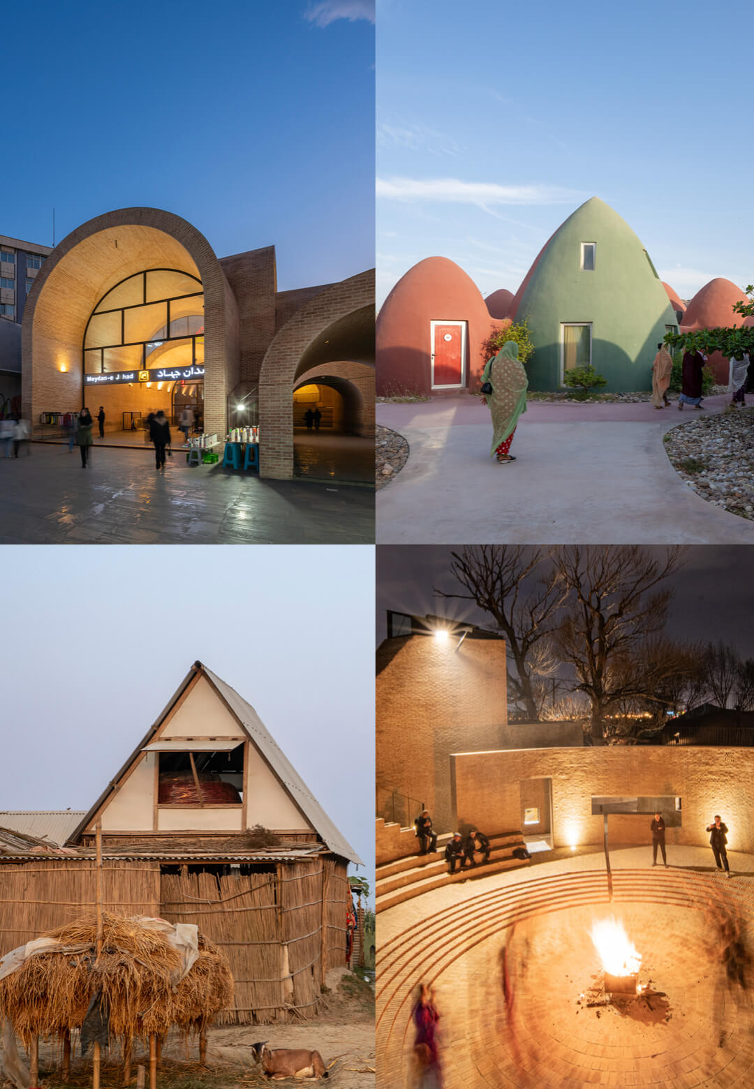 (Clockwise from left) Jahad Metro Plaza, Iran; Majara Residence and Community Redevelopment, Iran; Khudi Bari, Bangladesh; and Revitalisation of Historic Esna, Egypt | AKAA 2025 | Aga Khan Award for A