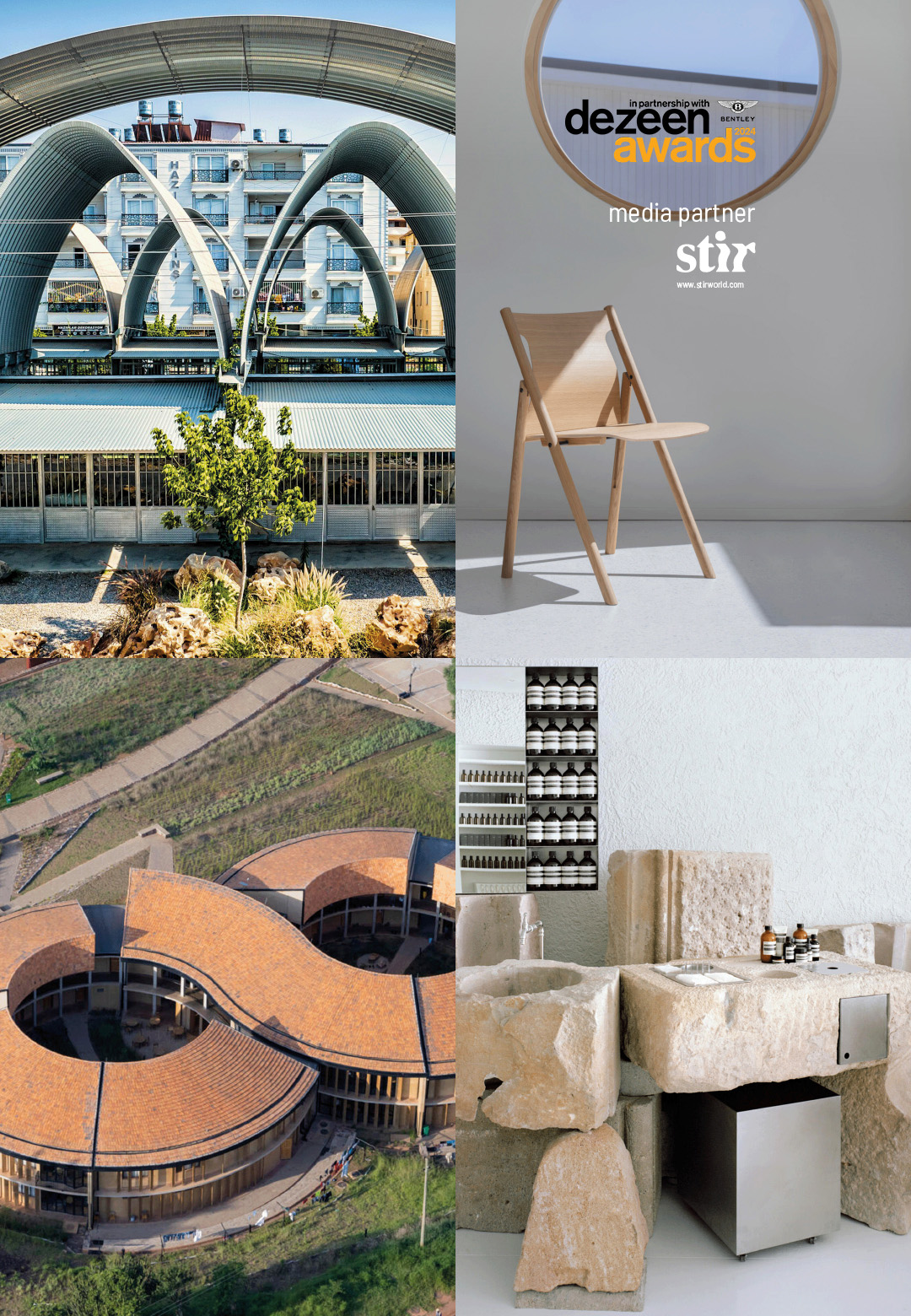 (L-R) Taiwan-Reyhanli Centre for World Citizens by Studio Cho; Faneeri folding chair by Forsman Design for Nikari; Aesop Diagonal by Mesura; Rwanda Institute for Conservation Agriculture (RICA) by MAS