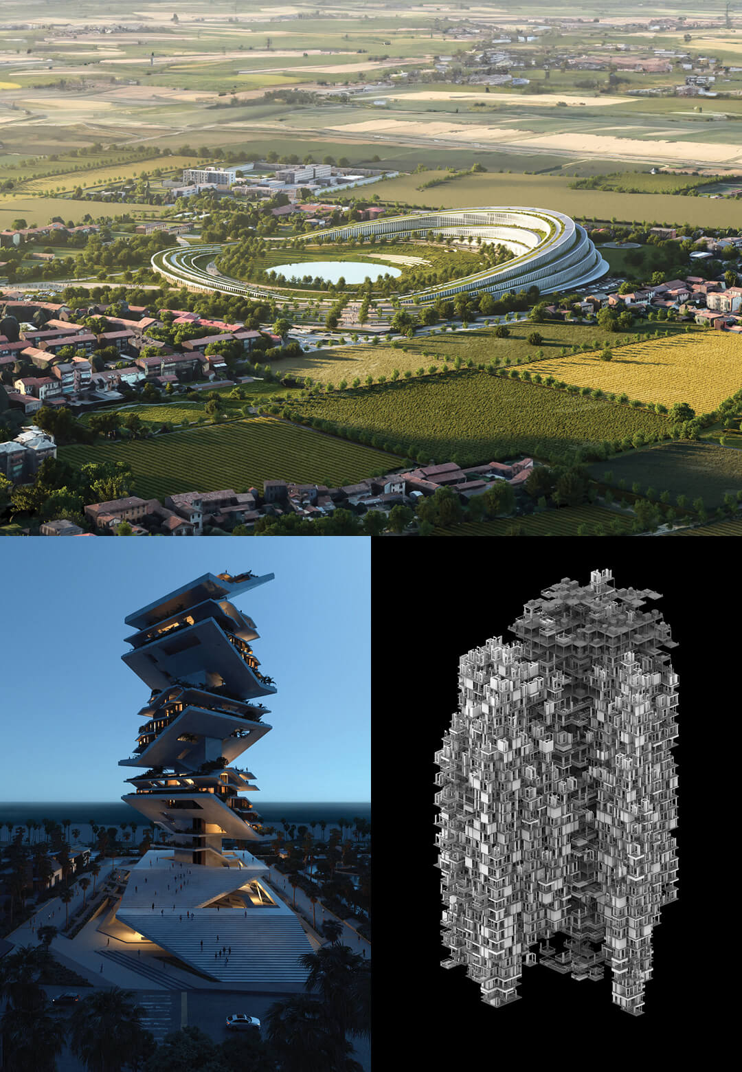 (L-R) The New Hospital of Cremona by Mario Cucinella Architects; Shoupé mixed-use project by KanLan Studio; AI Sampling Singapore by Artificial-Architecture, SUTD