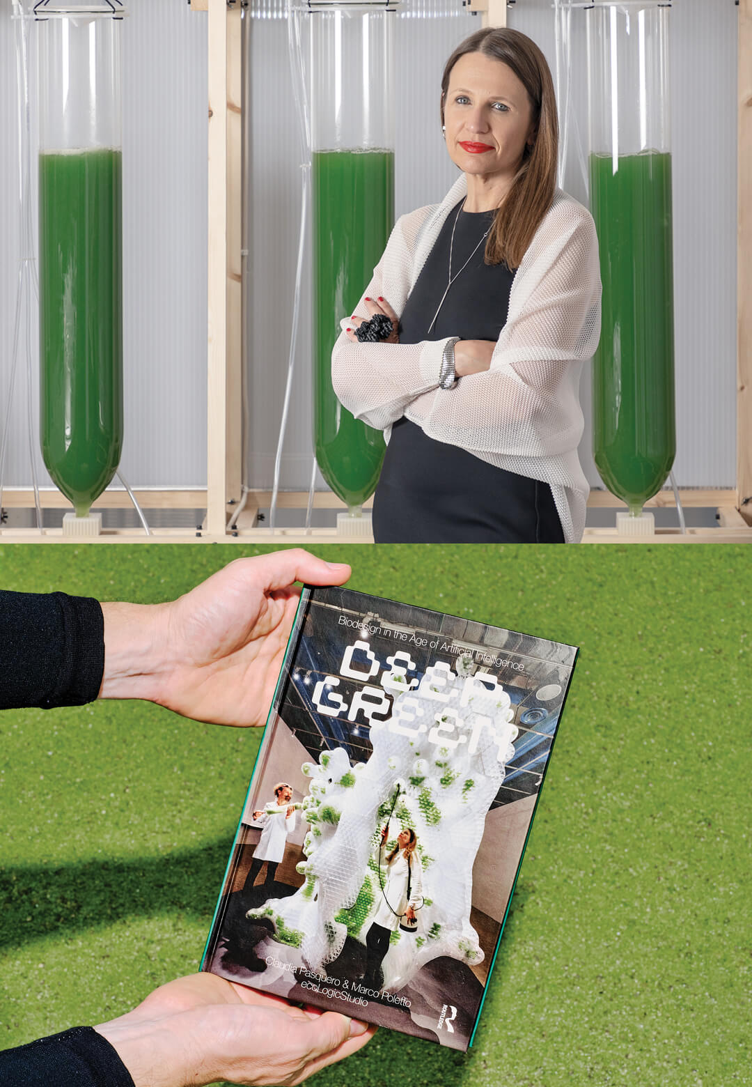 (L) Portrait of Claudia Pasquero; (R) ecoLogicStudio’s Biodesign in the Age of Artificial Intelligence - Deep Green | Biodesign in the Age of Artificial Intelligence - Deep Green | ecoLogicStudio | ST