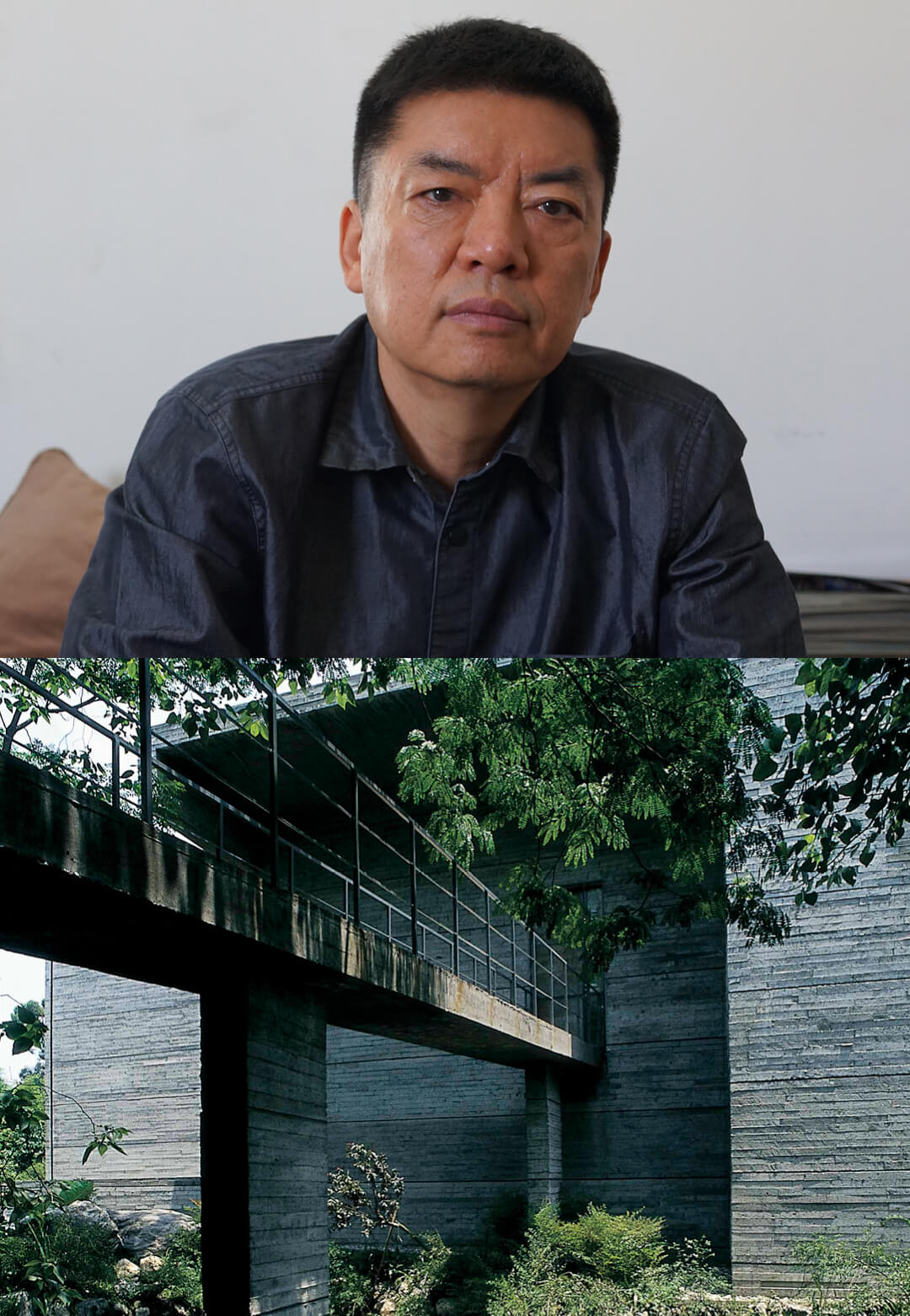 (L-R) Chinese architect Liu Jiakun; Entrance of the exhibition hall at the Luyeyuan Stone Sculpture Art Museum near Chengdu |Museum of Modern Art Chengdu | Li Jiakun | STIRworld
